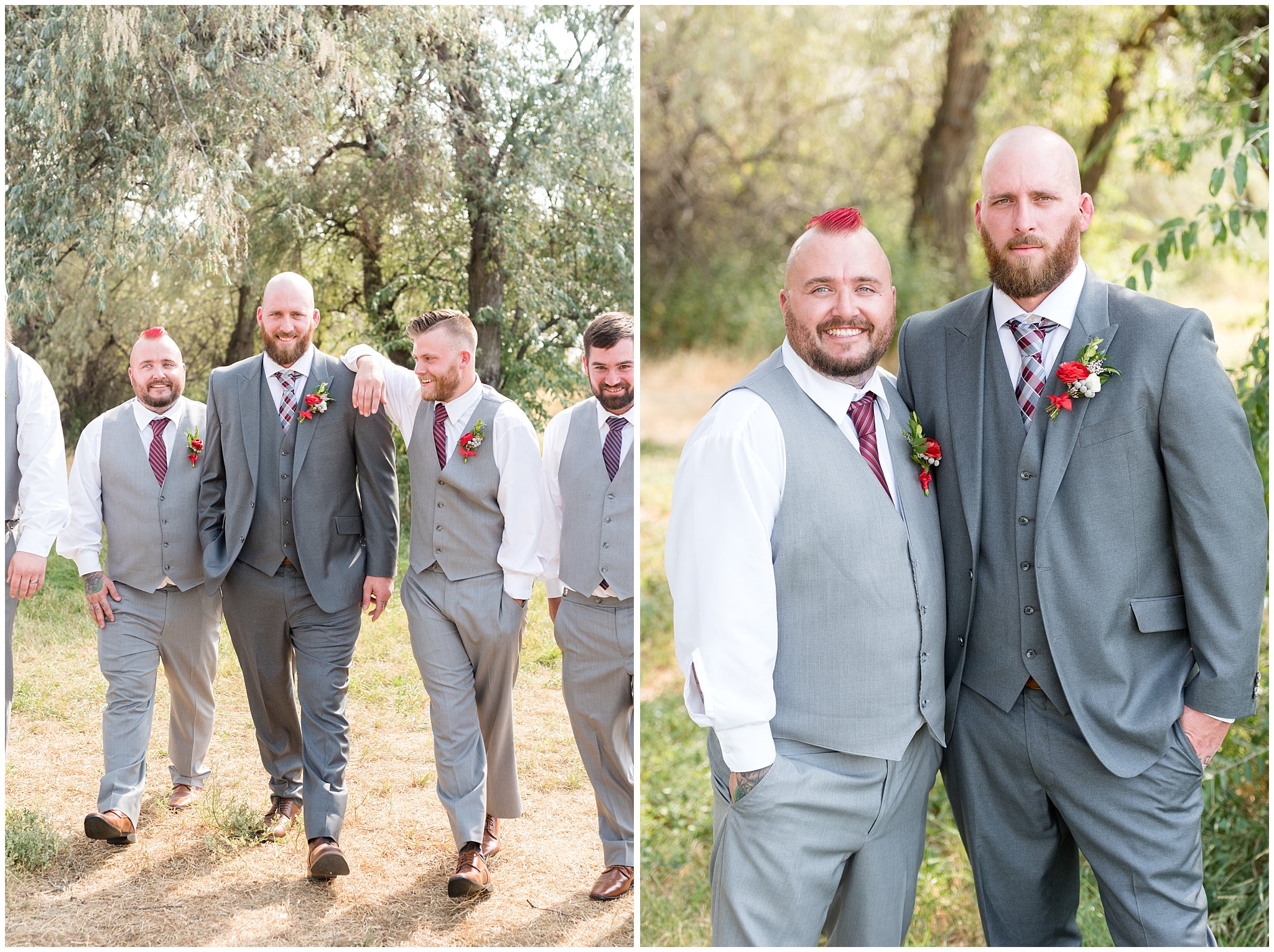 Groom and groomsmen in grey suits laughing and walking | Davis County Outdoor Wedding | Jessie and Dallin Photography