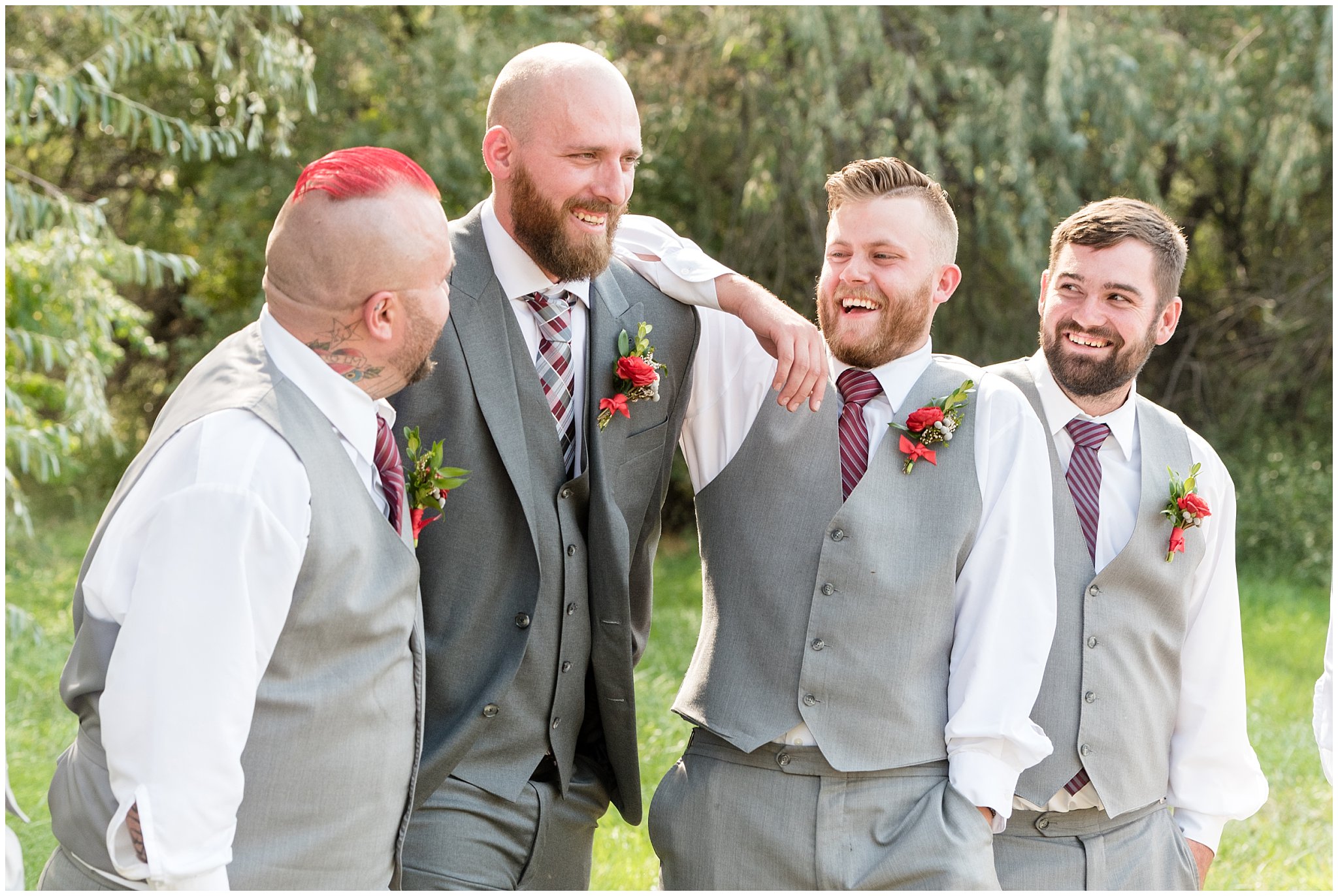 Groom and groomsmen in grey suits walking and joking | Davis County Outdoor Wedding | Jessie and Dallin Photography