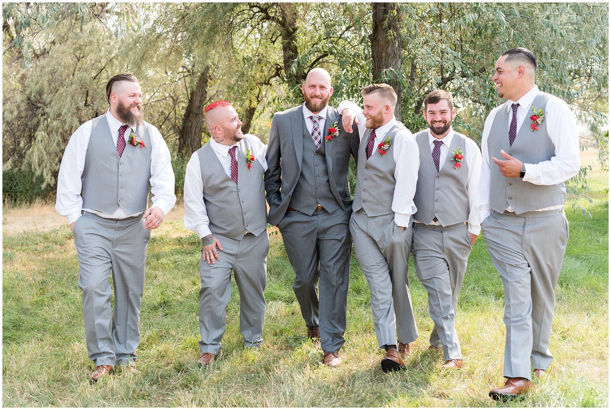 Groom and groomsmen in grey suits walking and having fun | Davis County Outdoor Wedding | Jessie and Dallin Photography