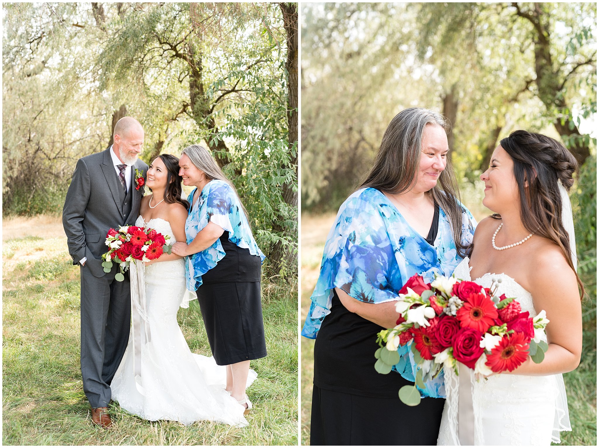 Bride and her mom and parents laughing candidly | Red and Grey wedding | Davis County Outdoor Wedding | Jessie and Dallin Photography