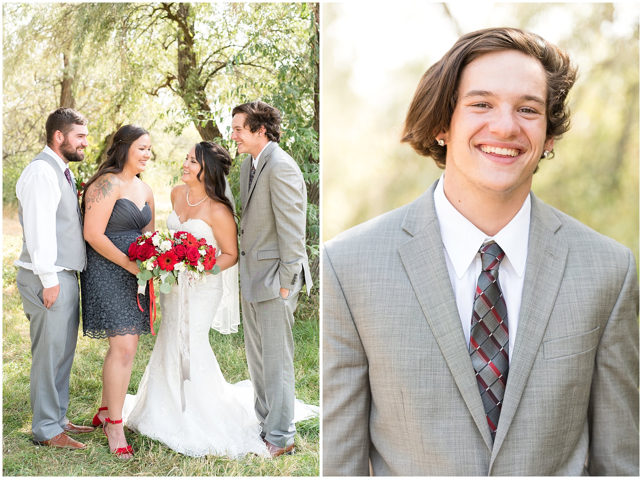 Siblings of the bride and the bride laughing candidly | Red and Grey wedding | Davis County Outdoor Wedding | Jessie and Dallin Photography