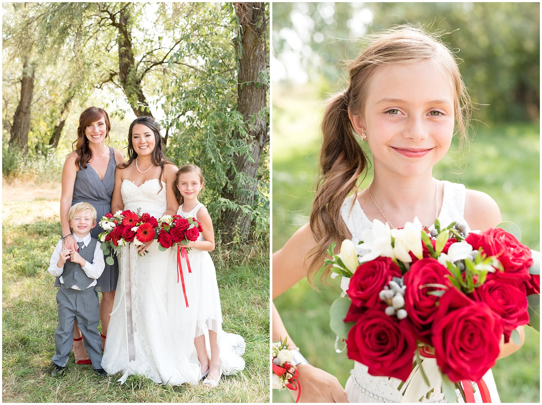 Bride, bridesmaid and kids | Red and Grey wedding | Davis County Outdoor Wedding | Jessie and Dallin Photography