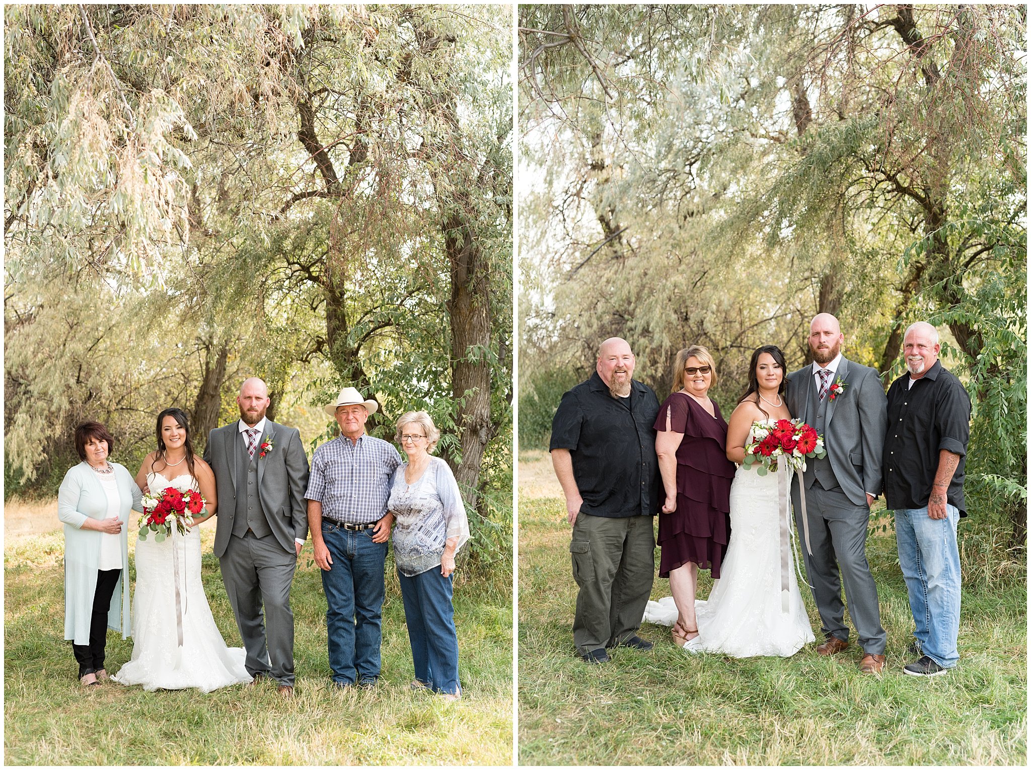 Bride, groom, grandparents and parents | Red and Grey wedding | Davis County Outdoor Wedding | Jessie and Dallin Photography