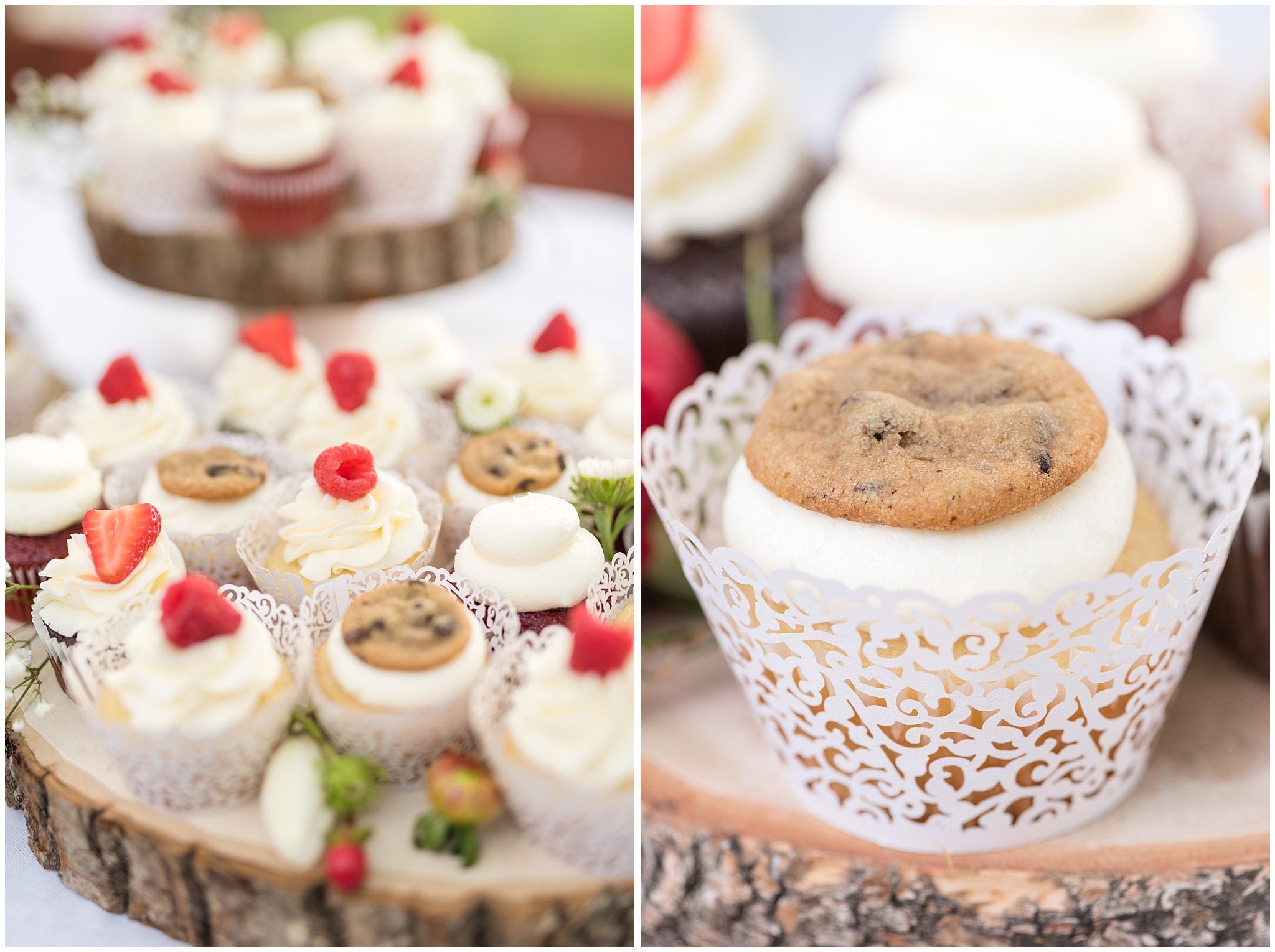Sweet Cravings raspberry and cookie cupcakes | Red and Grey wedding | Davis County Outdoor Wedding | Jessie and Dallin Photography