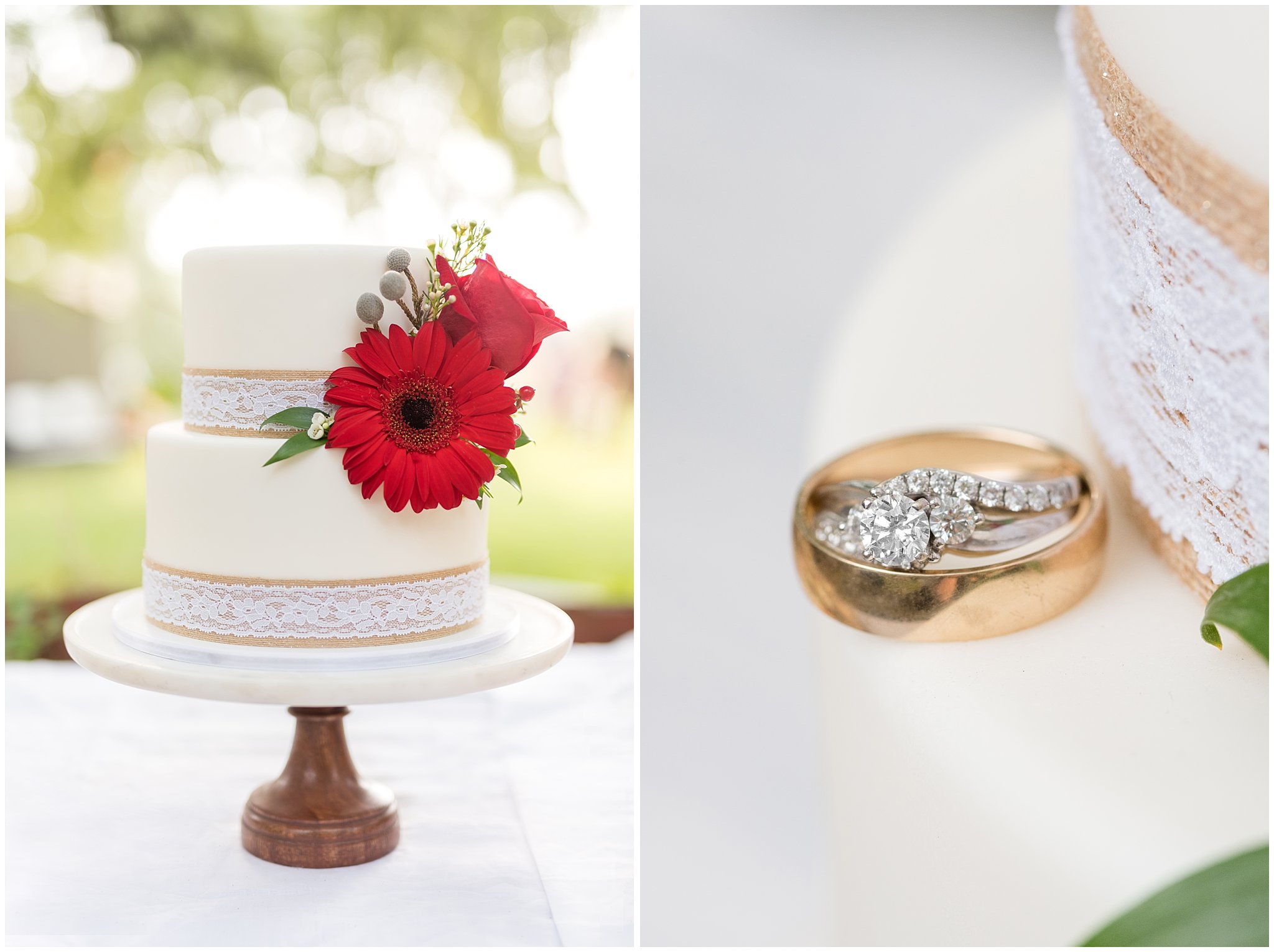 Sweet Cravings and Dancing Daisies Floral | White and red cake with burlap and rings on the cake | Red and Grey wedding | Davis County Outdoor Wedding | Jessie and Dallin Photography