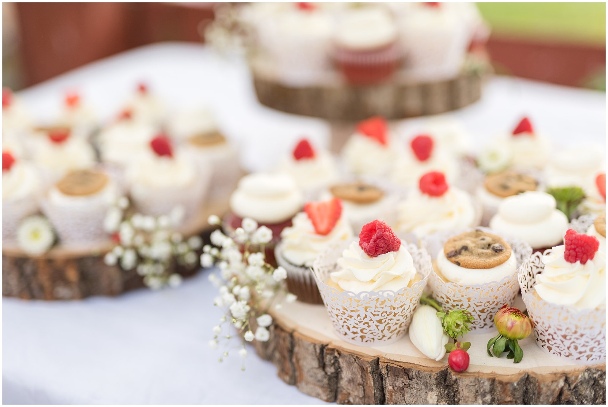 Sweet Cravings raspberry, strawberry and cookie cupcakes | Red and Grey wedding | Davis County Outdoor Wedding | Jessie and Dallin Photography