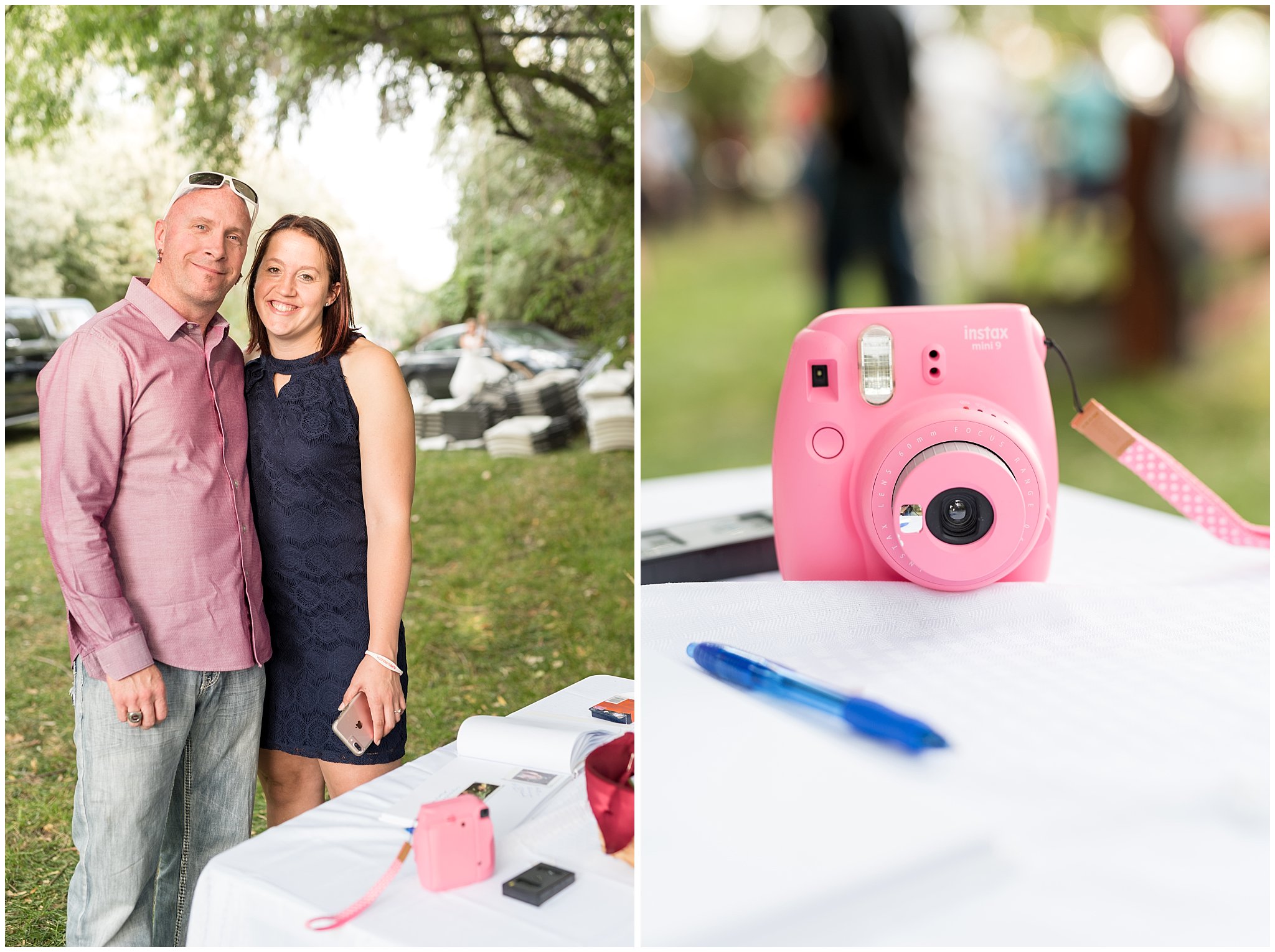 Wedding guest book with pink Instax camera | Red and Grey wedding | Davis County Outdoor Wedding | Jessie and Dallin Photography