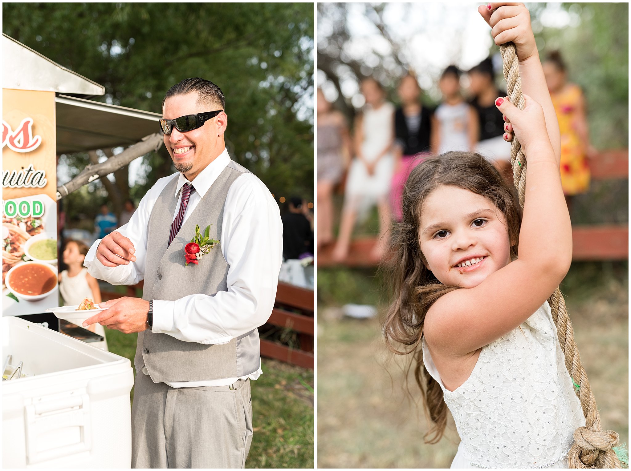 Tacos truck and kid's swing during wedding reception | Red and Grey wedding | Davis County Outdoor Wedding | Jessie and Dallin Photography