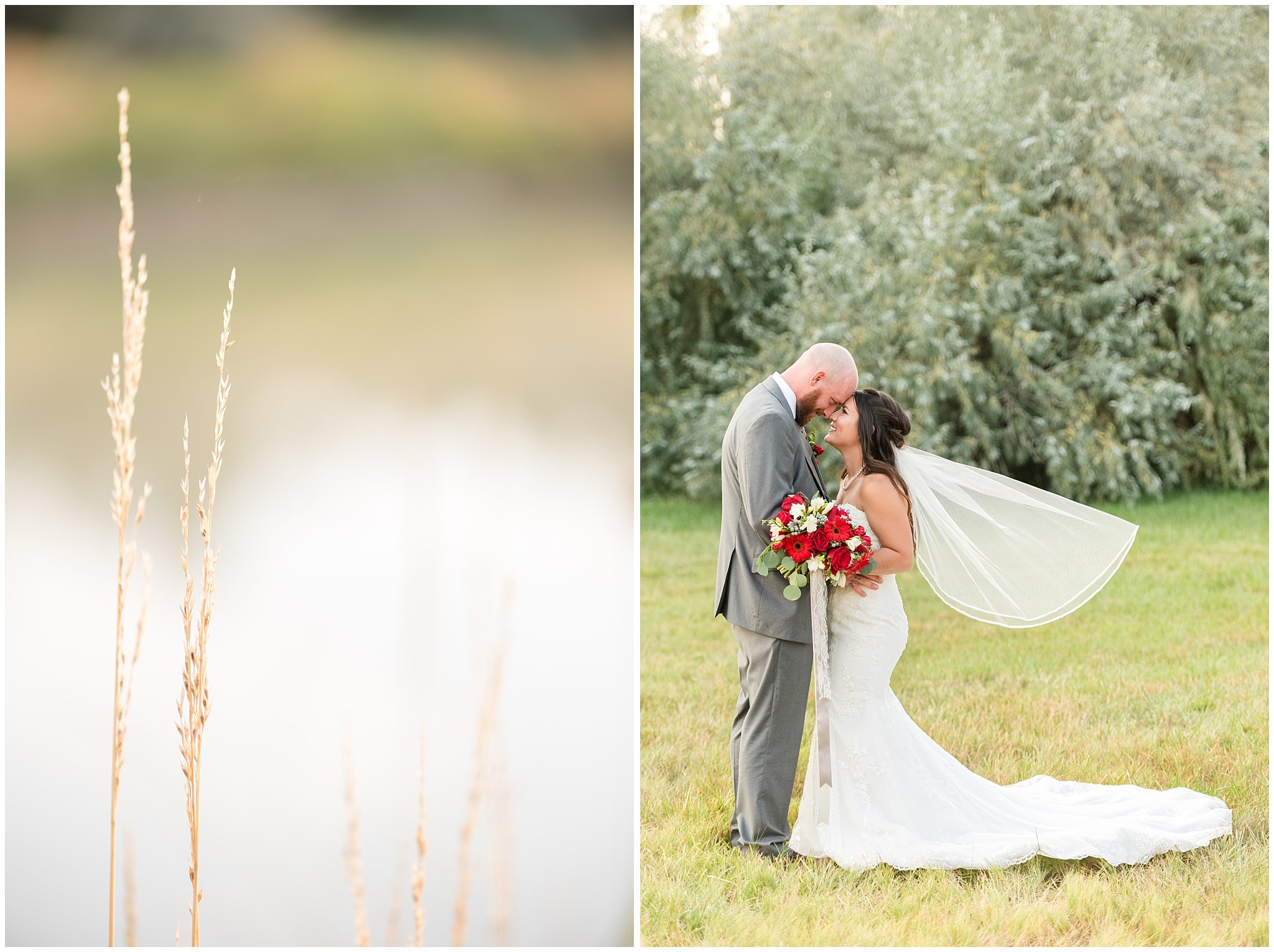 Bride and groom with a floating veil during sunset portraits | Red and Grey wedding | Davis County Outdoor Wedding | Jessie and Dallin Photography