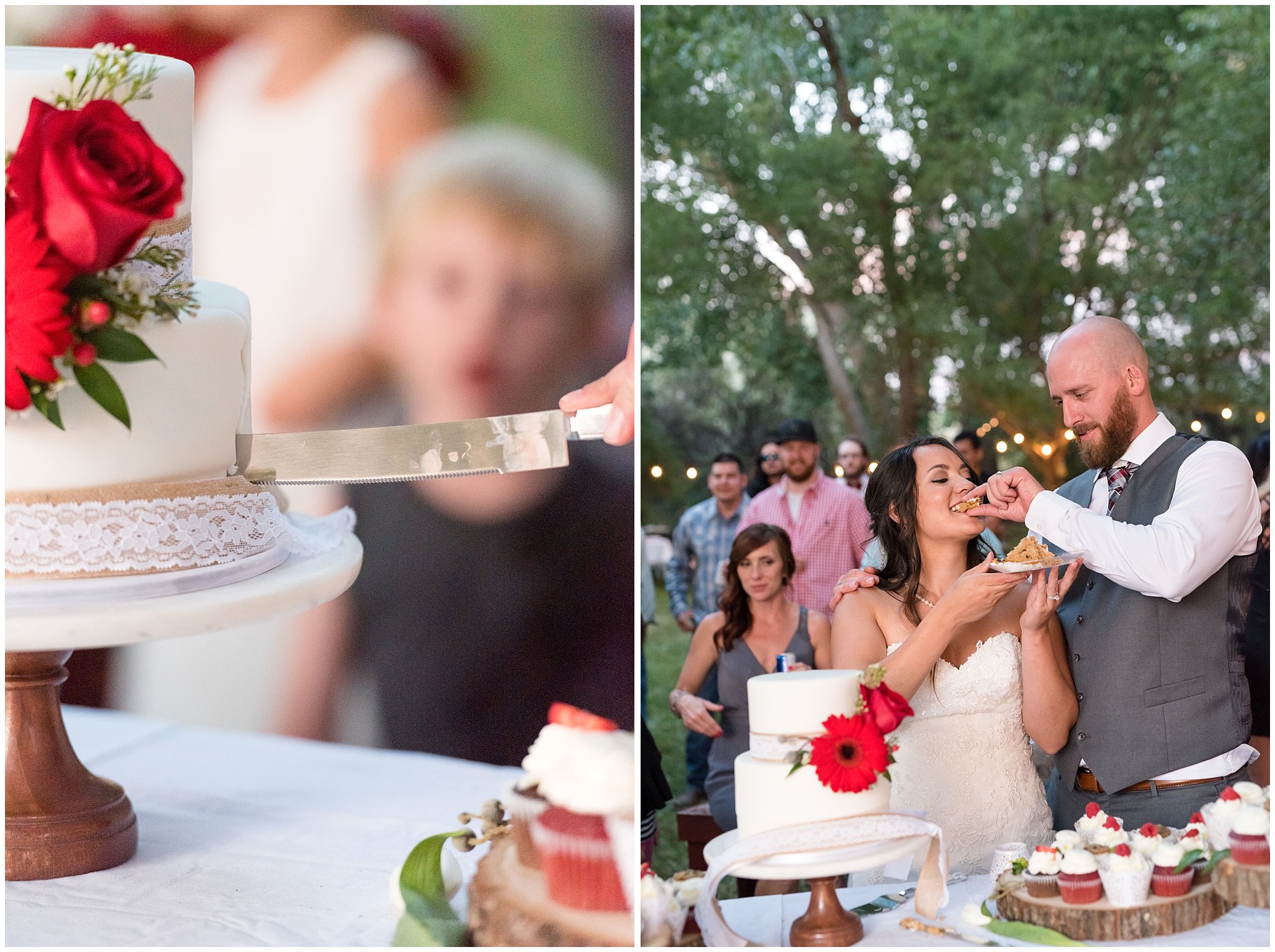Bride and groom cutting the cake | Red and Grey wedding | Davis County Outdoor Wedding | Jessie and Dallin Photography
