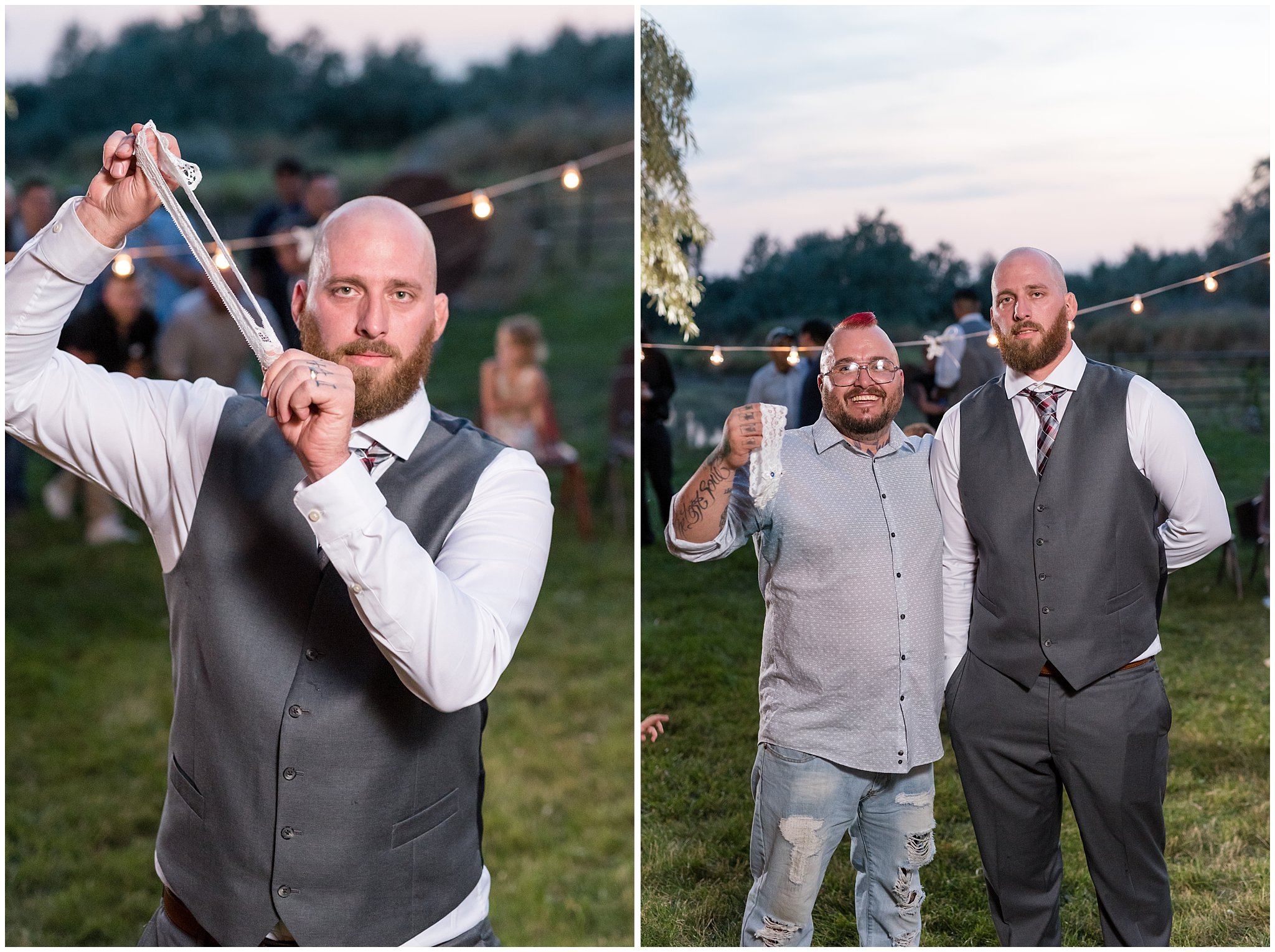 Groom tossing the garter | Red and Grey wedding | Davis County Outdoor Wedding | Jessie and Dallin Photography
