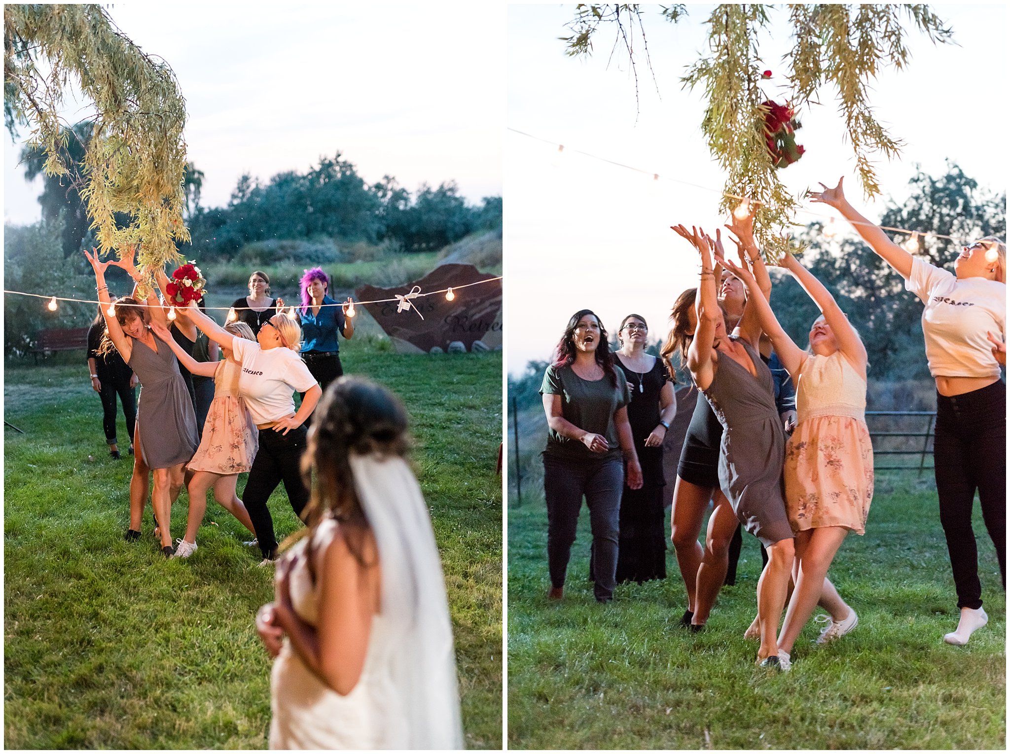 Bouquet toss and ladies jumping to catch it | Red and Grey wedding | Davis County Outdoor Wedding | Jessie and Dallin Photography