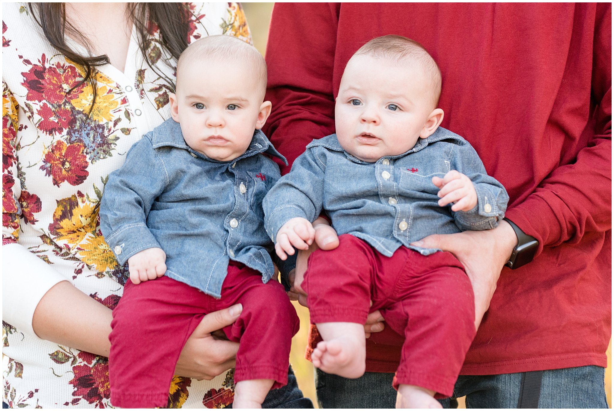 Twin baby boys in matching fall outfits | Fall Family Pictures at Snowbasin | Jessie and Dallin Photography