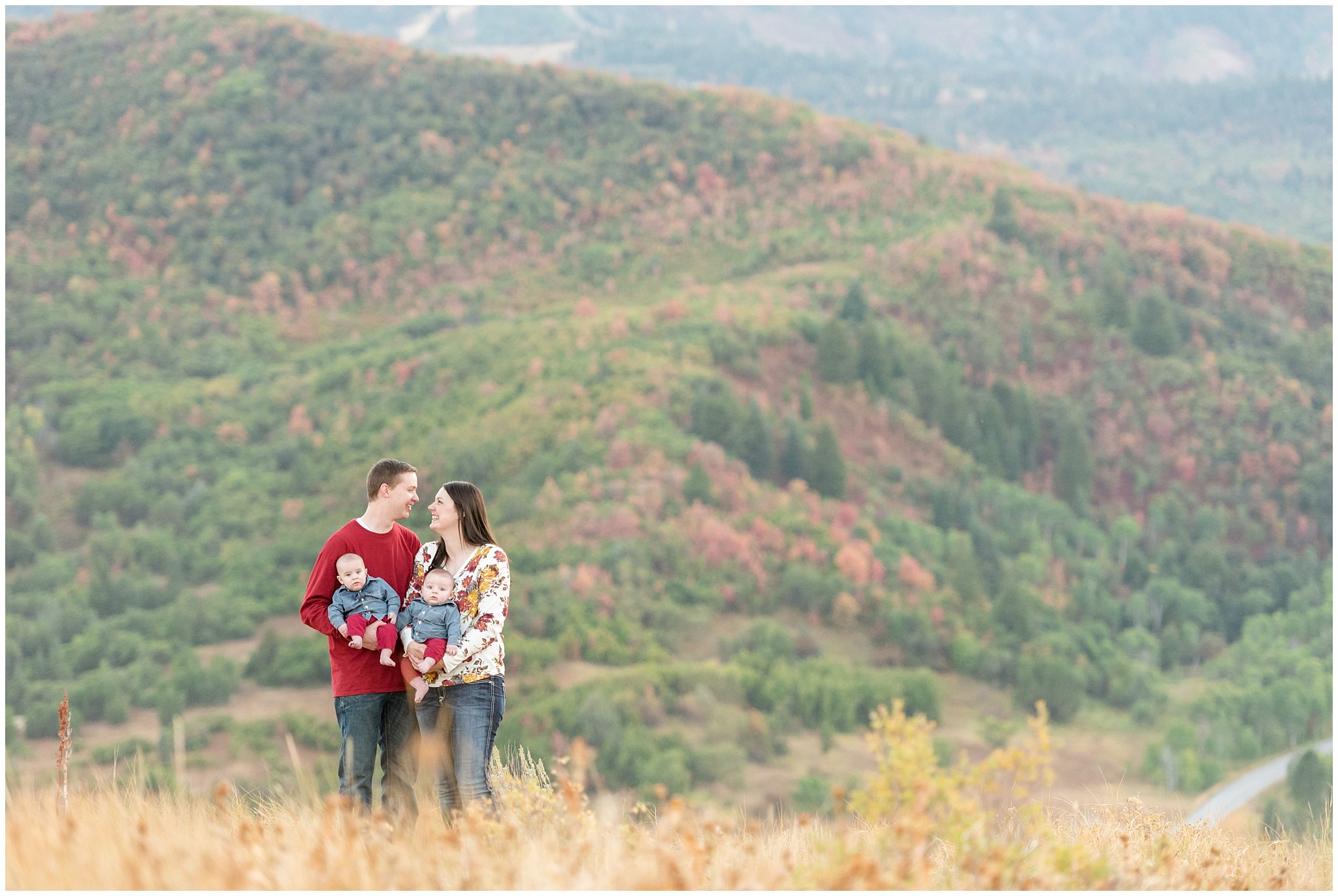 Fall family pictures in the mountains with colored leaves | Fall Family Pictures at Snowbasin | Jessie and Dallin Photography