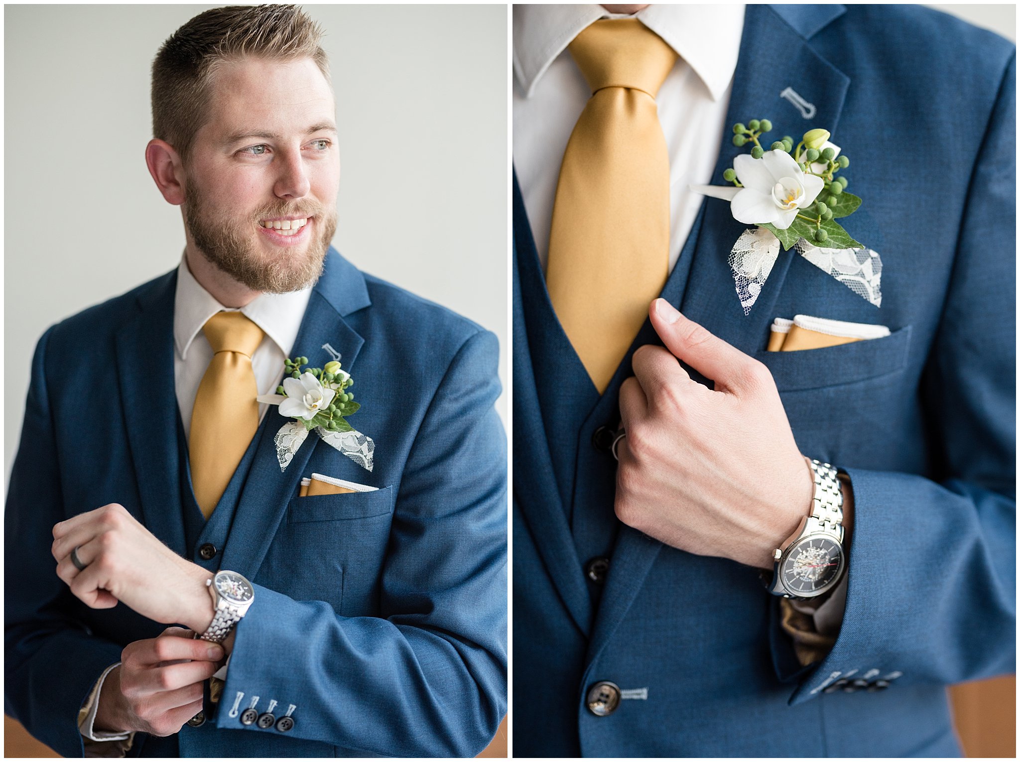 Groom getting ready in blue suit with gold tie | Utah Wedding Photographer | Jessie and Dallin Photography