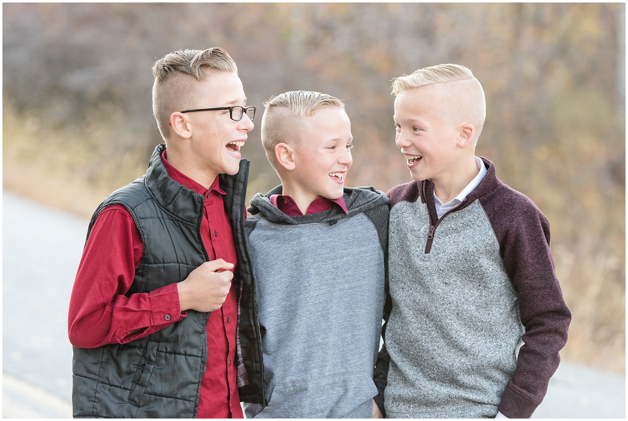 Brothers walking and laughing | Fall Family Pictures in the Mountains | Snowbasin, Utah | Jessie and Dallin Photography