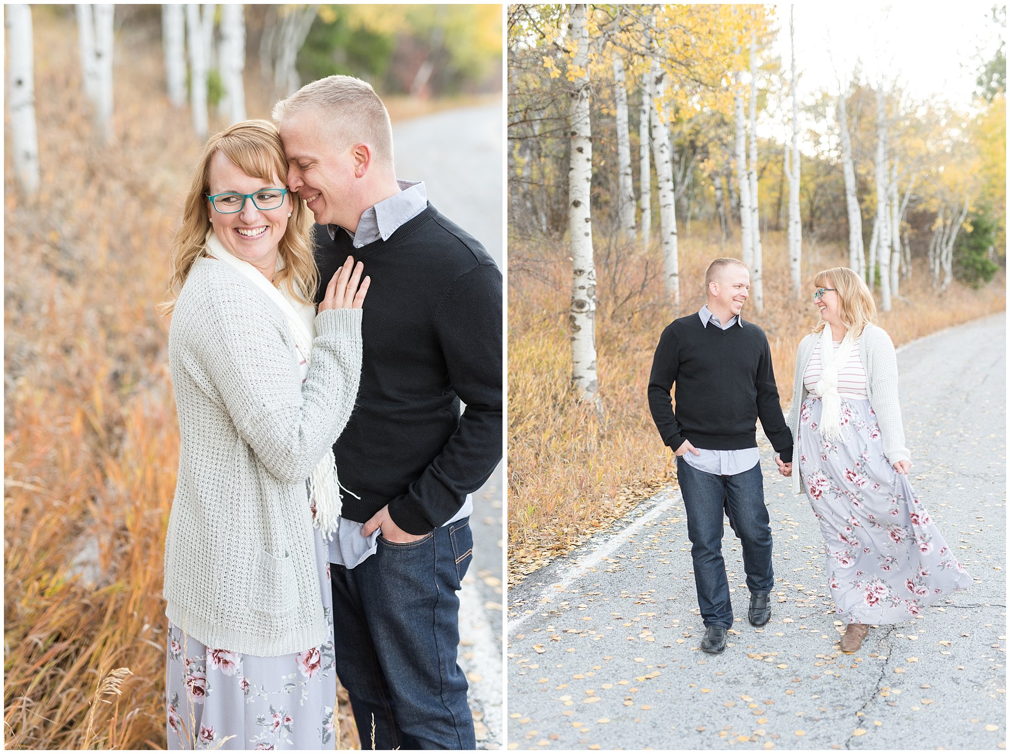 Couple nuzzling and walking in the fall leaves | Fall Family Pictures in the Mountains | Snowbasin, Utah | Jessie and Dallin Photography