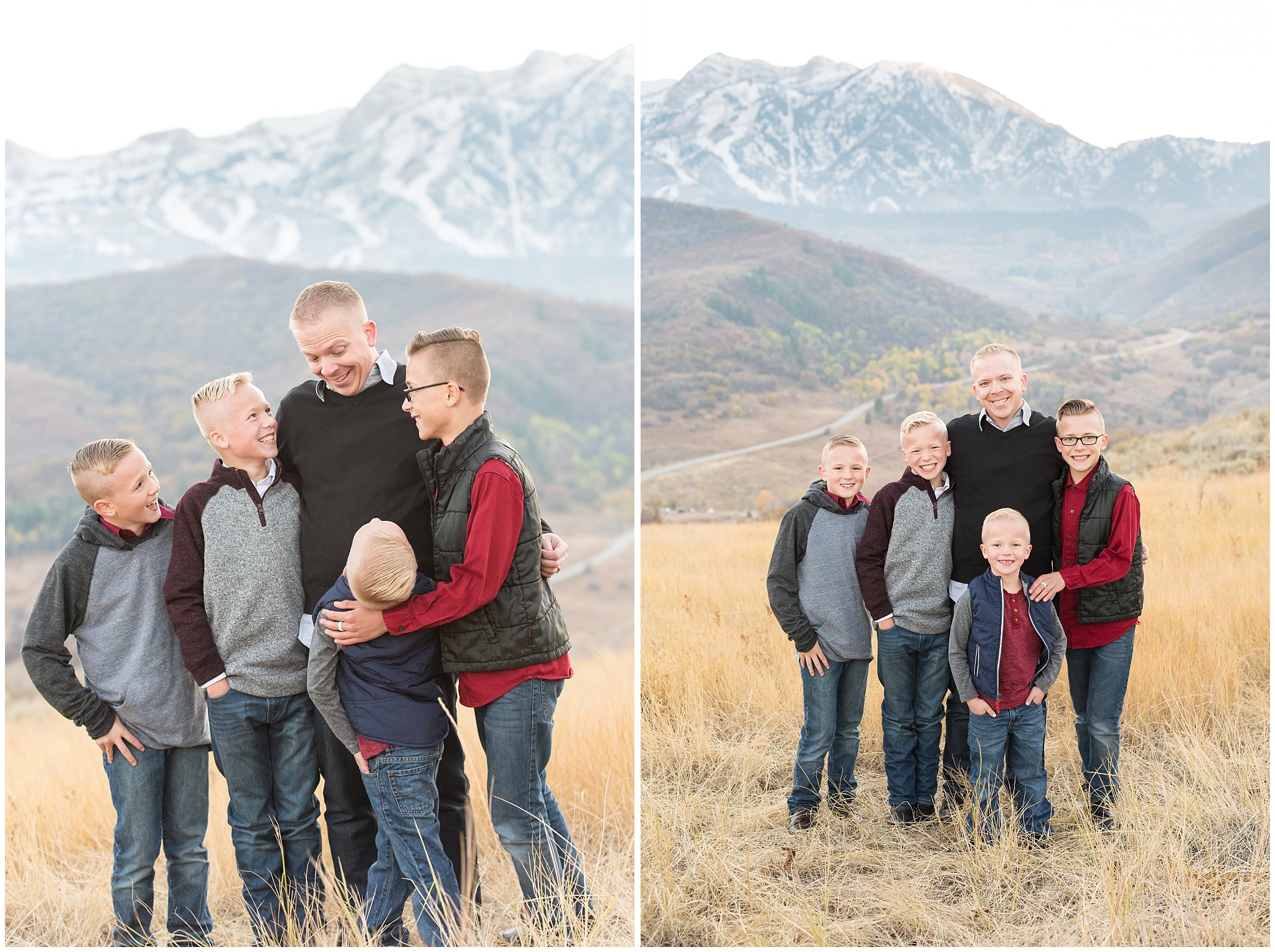 Dad with sons laughing in front of snowy mountains | Fall Family Pictures in the Mountains | Snowbasin, Utah | Jessie and Dallin Photography