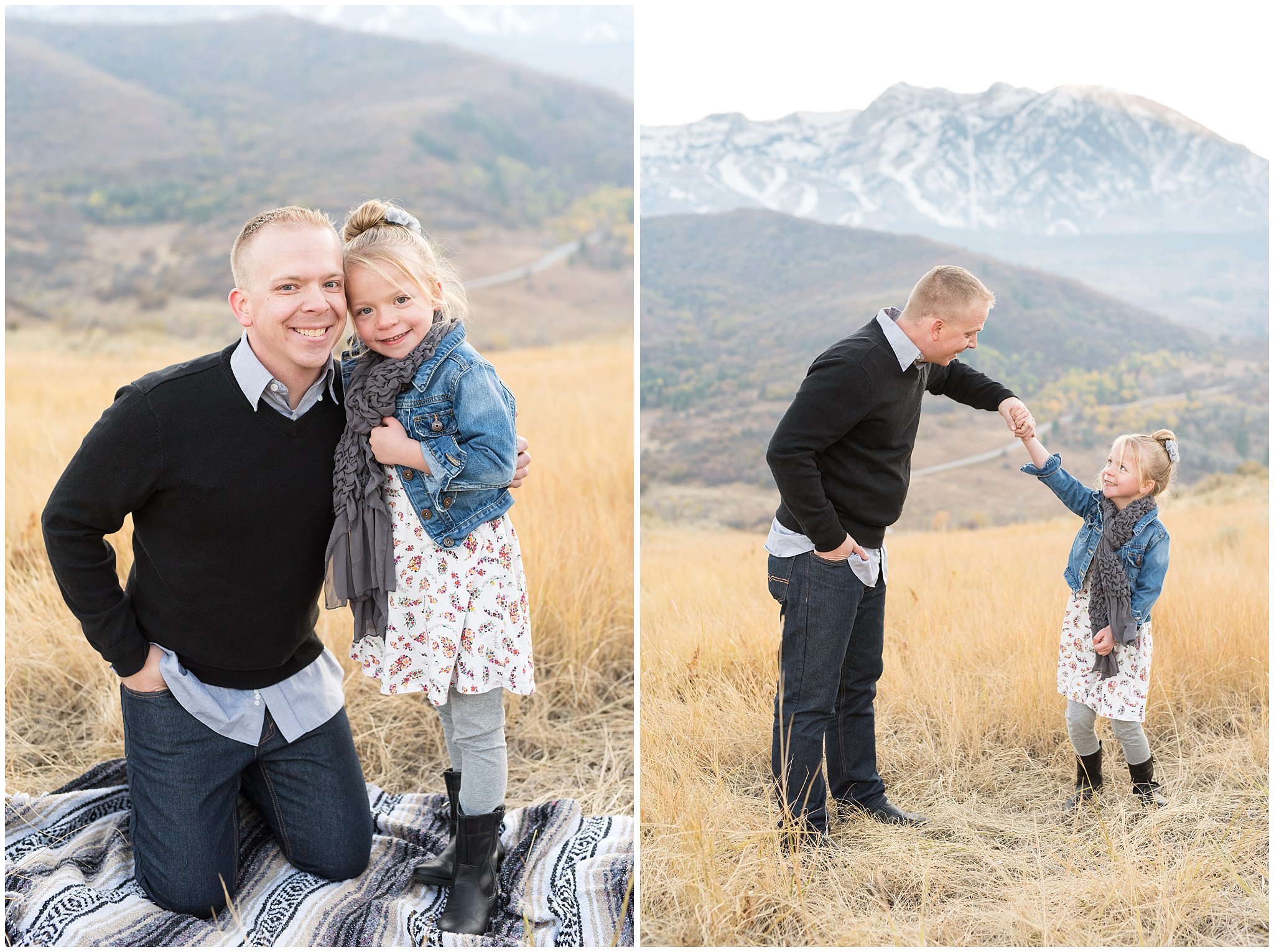 Dad smiling and dancing with daughter | Fall Family Pictures in the Mountains | Snowbasin, Utah | Jessie and Dallin Photography