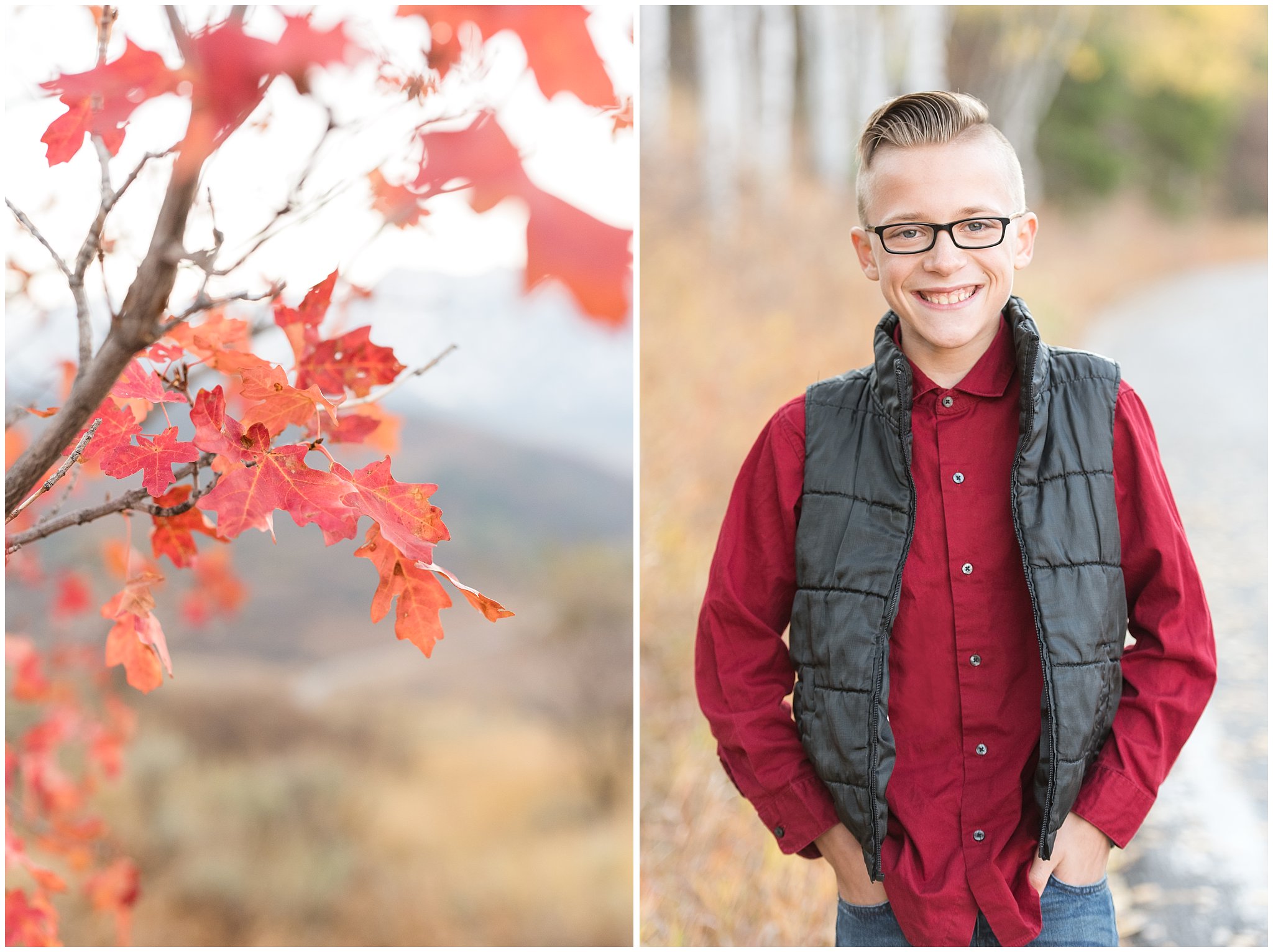 Portrait of boy in red shirt and black vest | Fall Family Pictures in the Mountains | Snowbasin, Utah | Jessie and Dallin Photography