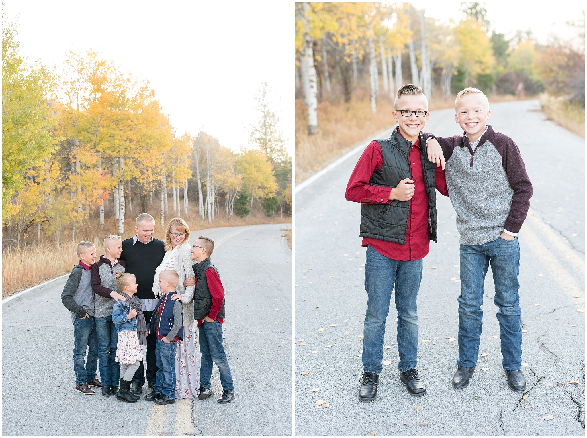 Twin brothers and family in the fall aspen trees | Fall Family Pictures in the Mountains | Snowbasin, Utah | Jessie and Dallin Photography