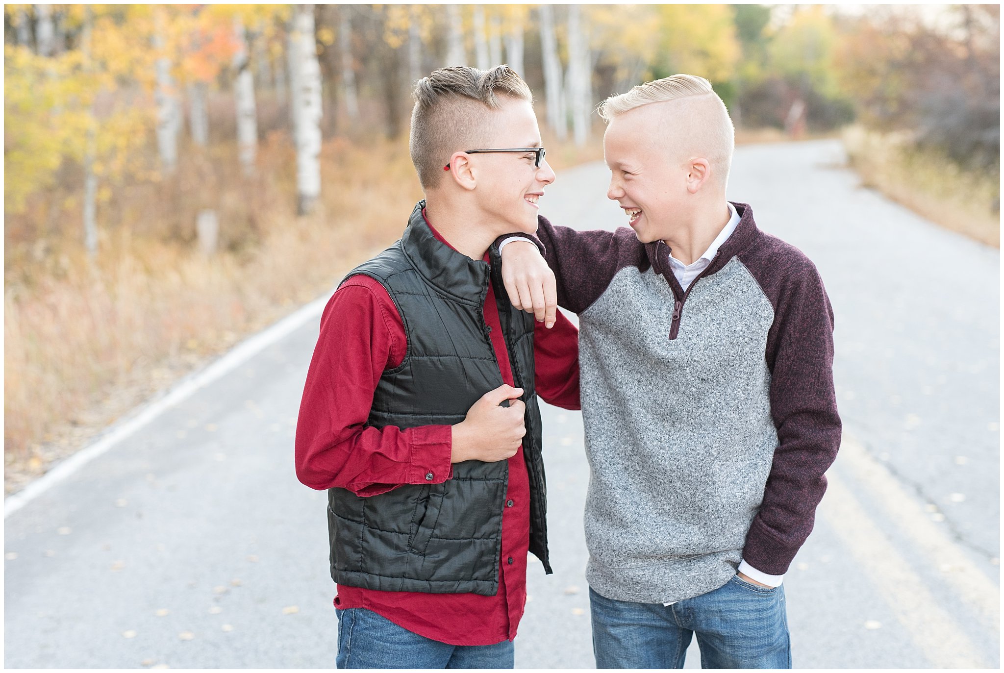 Twin brothers joking and laughing | Fall Family Pictures in the Mountains | Snowbasin, Utah | Jessie and Dallin Photography