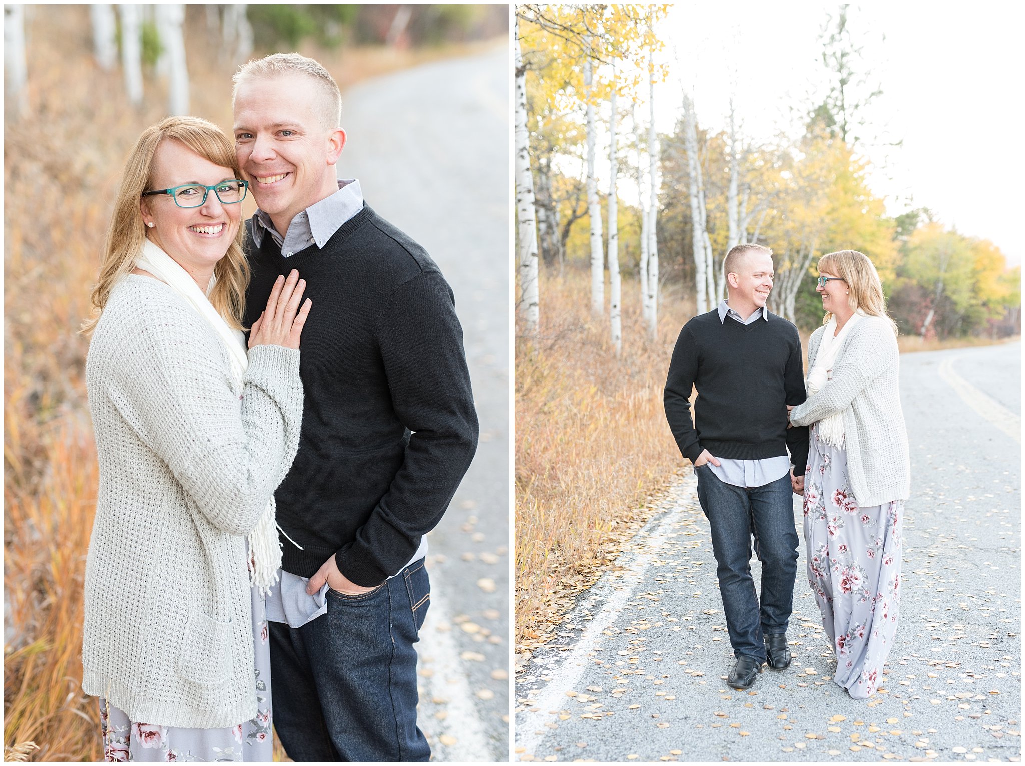 Couple smiling and walking in the fall leaves and aspen trees | Fall Family Pictures in the Mountains | Snowbasin, Utah | Jessie and Dallin Photography