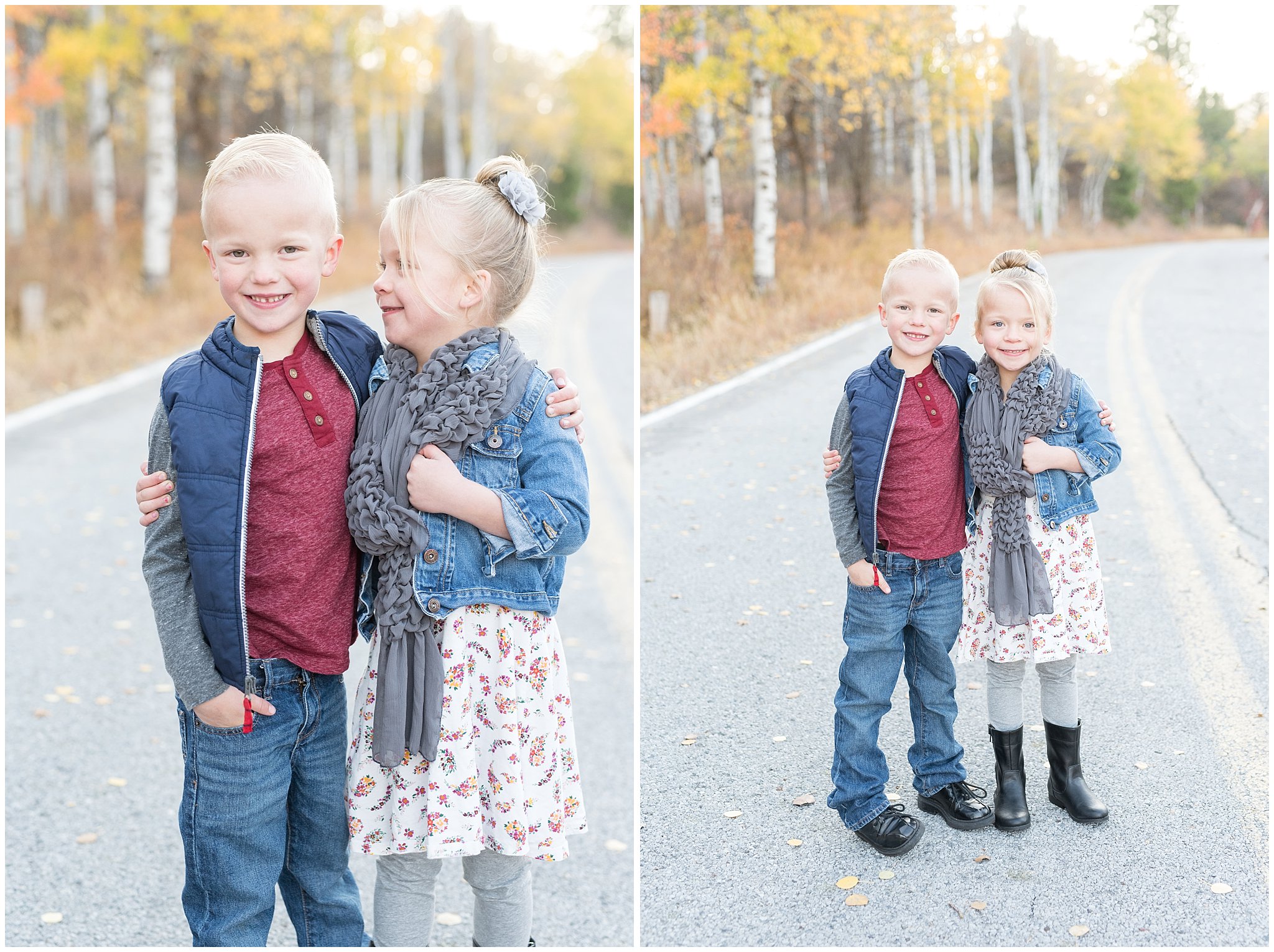 Twin brother and sister laughing and smiling at the camera | Fall Family Pictures in the Mountains | Snowbasin, Utah | Jessie and Dallin Photography
