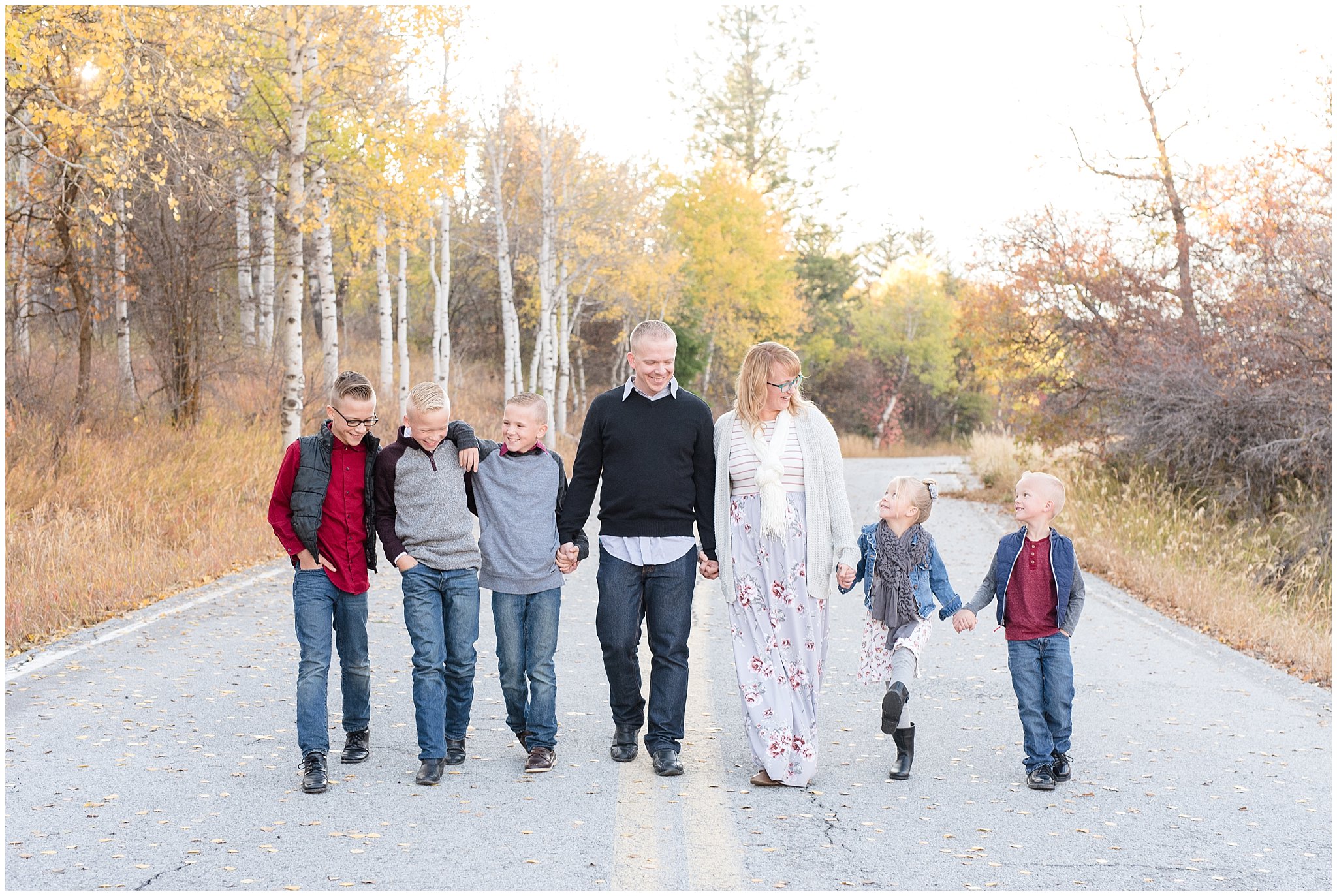 Family with five kids walking | Fall Family Pictures in the Mountains | Snowbasin, Utah | Jessie and Dallin Photography