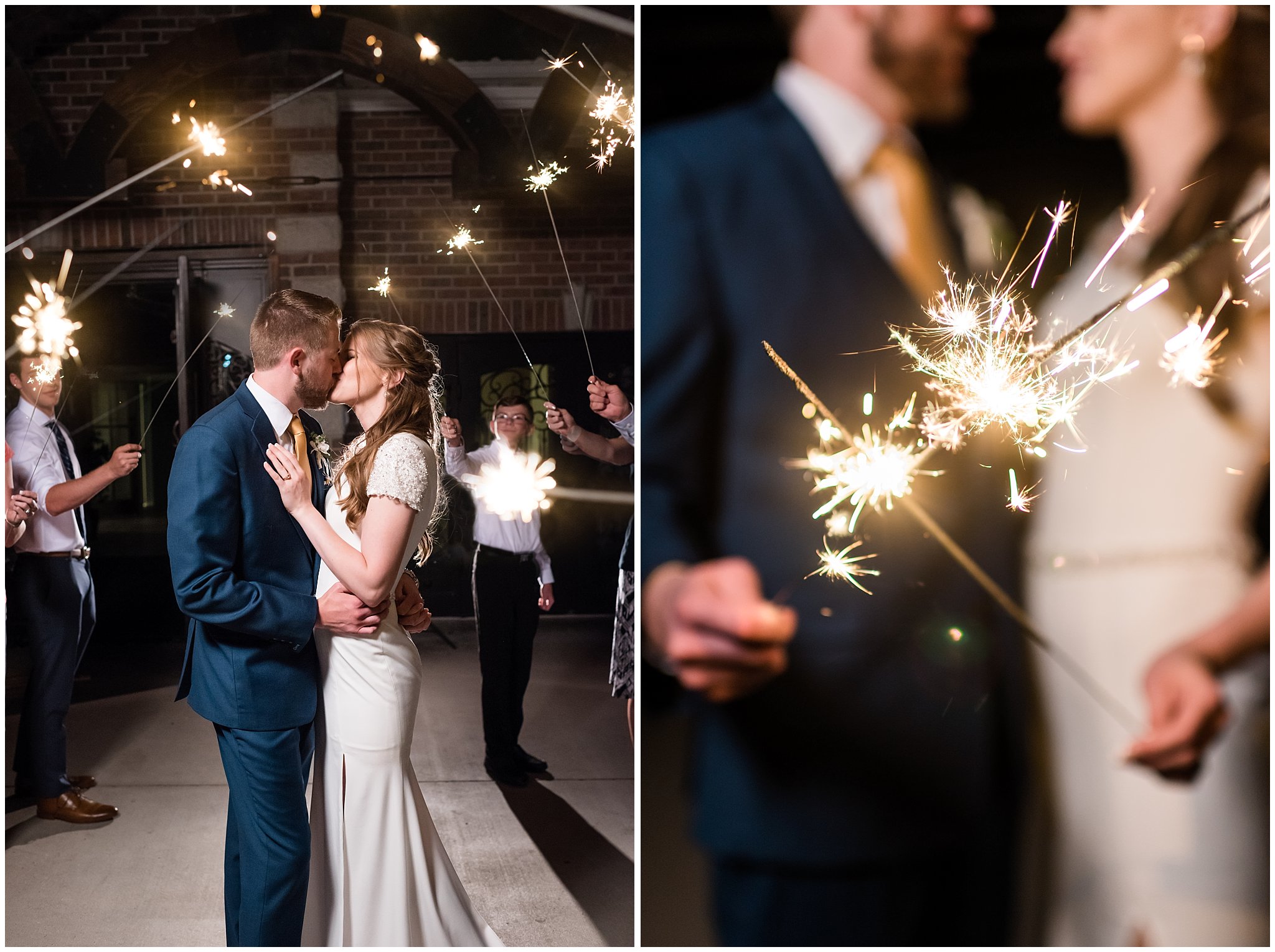 Bride and groom kiss during sparkler exit and close up of sparkler | Talia Event Center | Utah Wedding Photographers | Jessie and Dallin