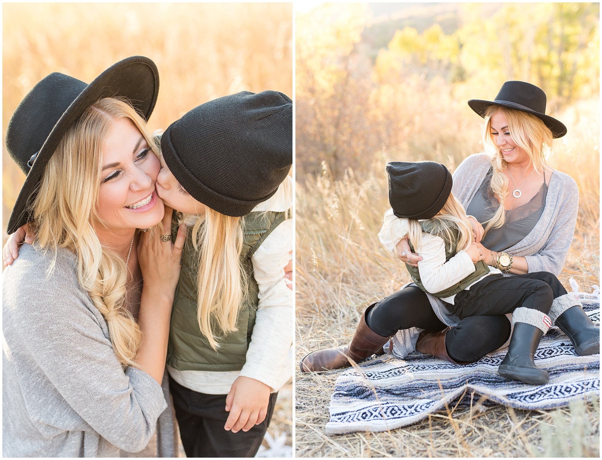 Son kissing mom on the cheek and having a tickle fight | Fall Family Pictures in the Mountains | Snowbasin, Utah | Jessie and Dallin