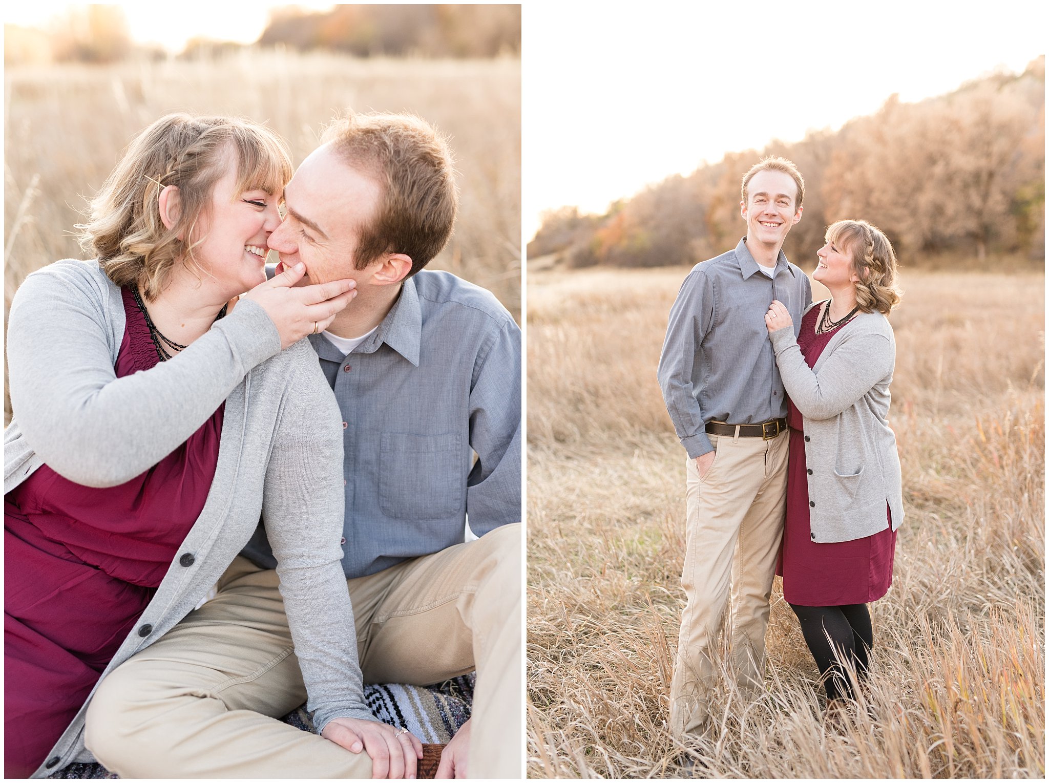 Couple standing and sitting in a field | Davis County Fall Engagement | Utah Wedding Photographers | Jessie and Dallin