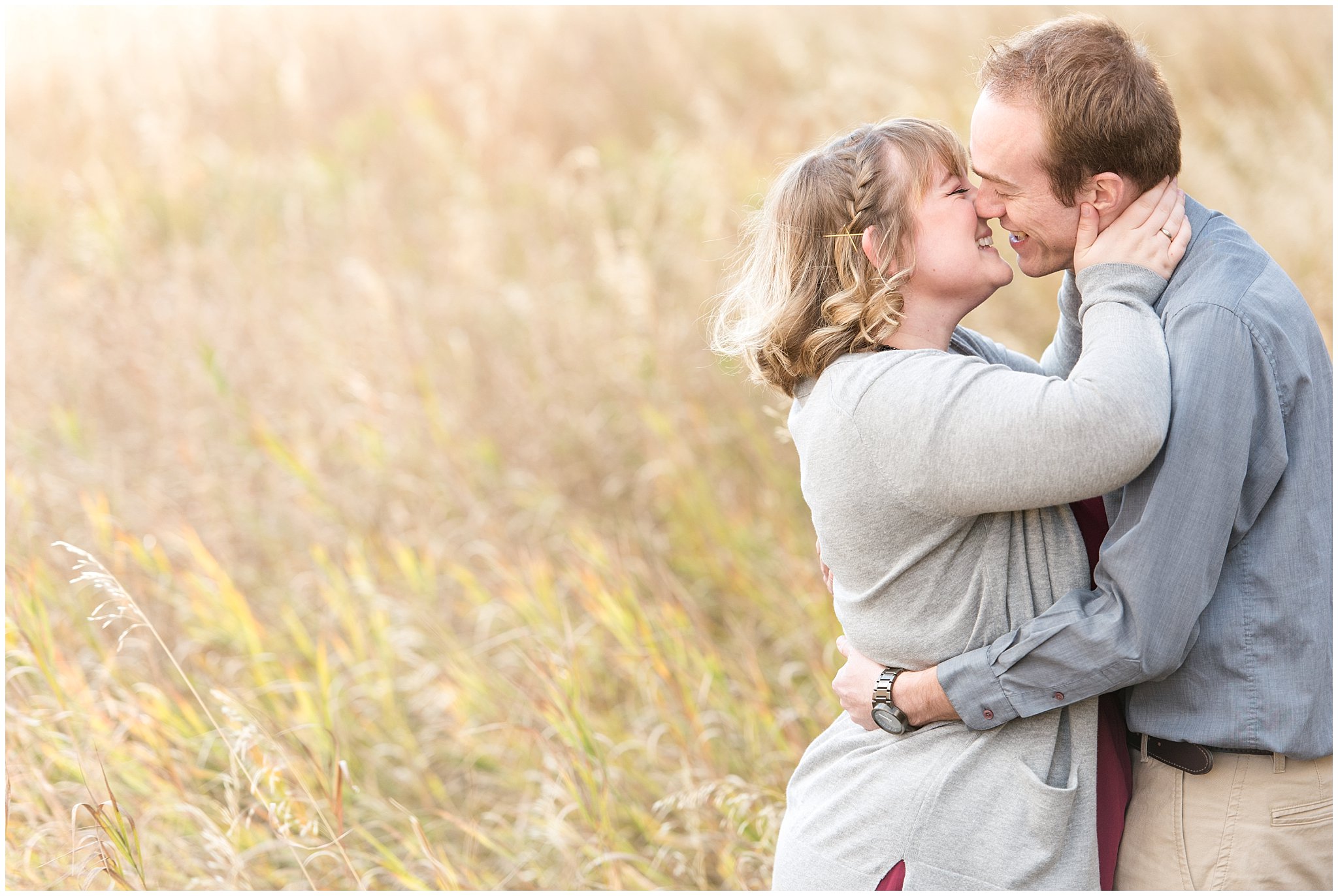 Couple goes for a kiss in a field | Davis County Fall Engagement | Utah Wedding Photographers | Jessie and Dallin