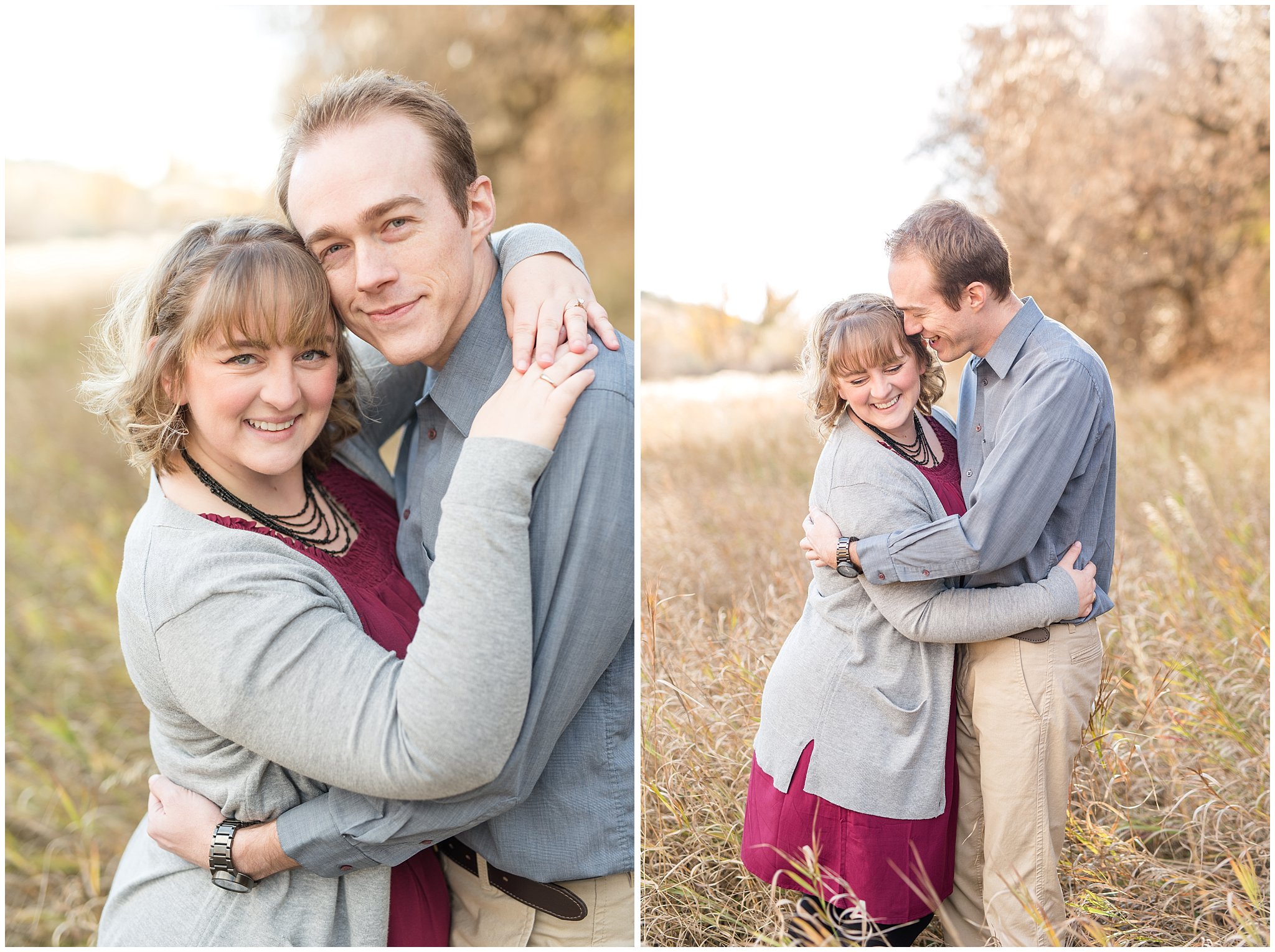 Couple smiling at the camera in a field | Davis County Fall Engagement | Utah Wedding Photographers | Jessie and Dallin