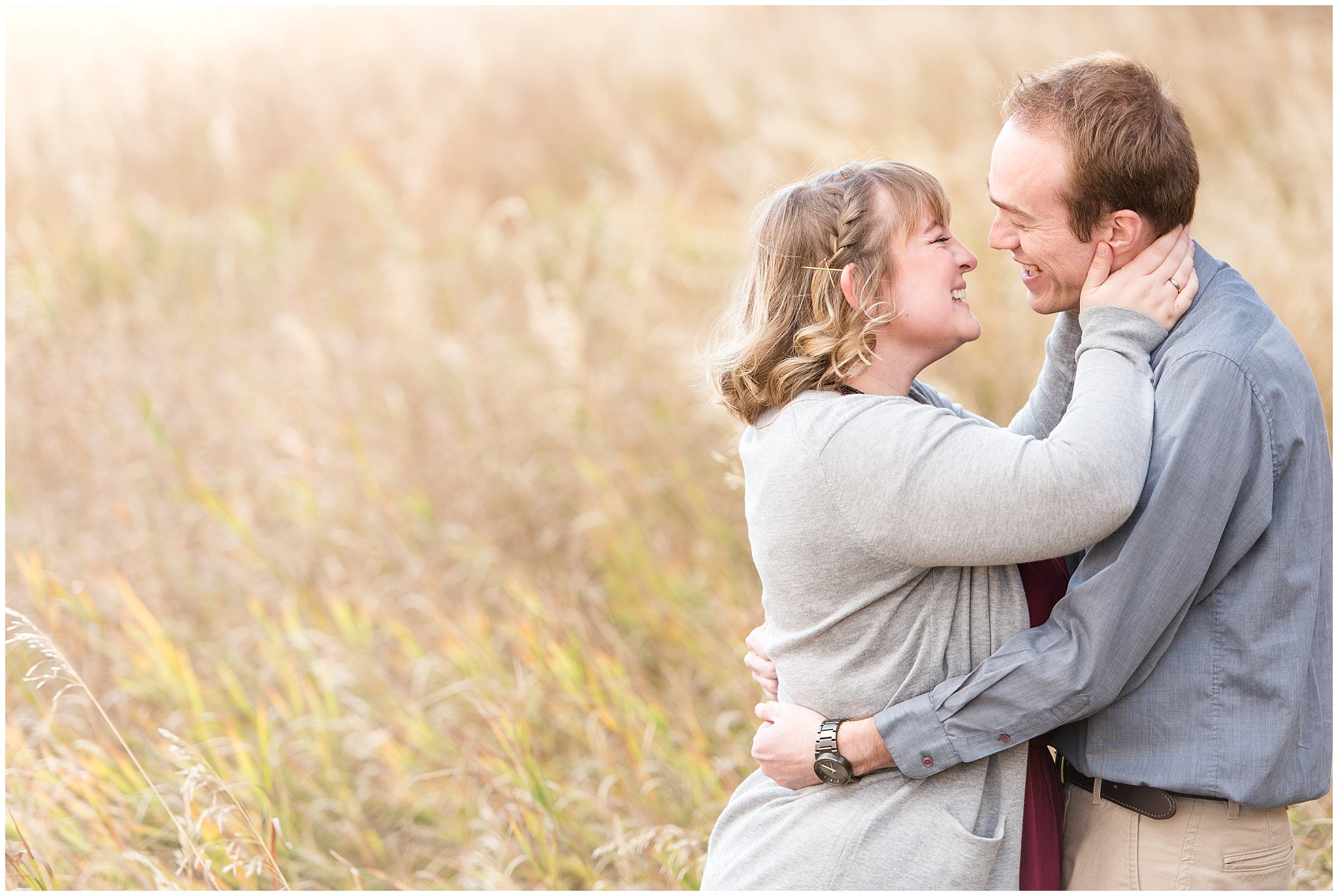Couple almost kissing in a field | Davis County Fall Engagement | Utah Wedding Photographers | Jessie and Dallin