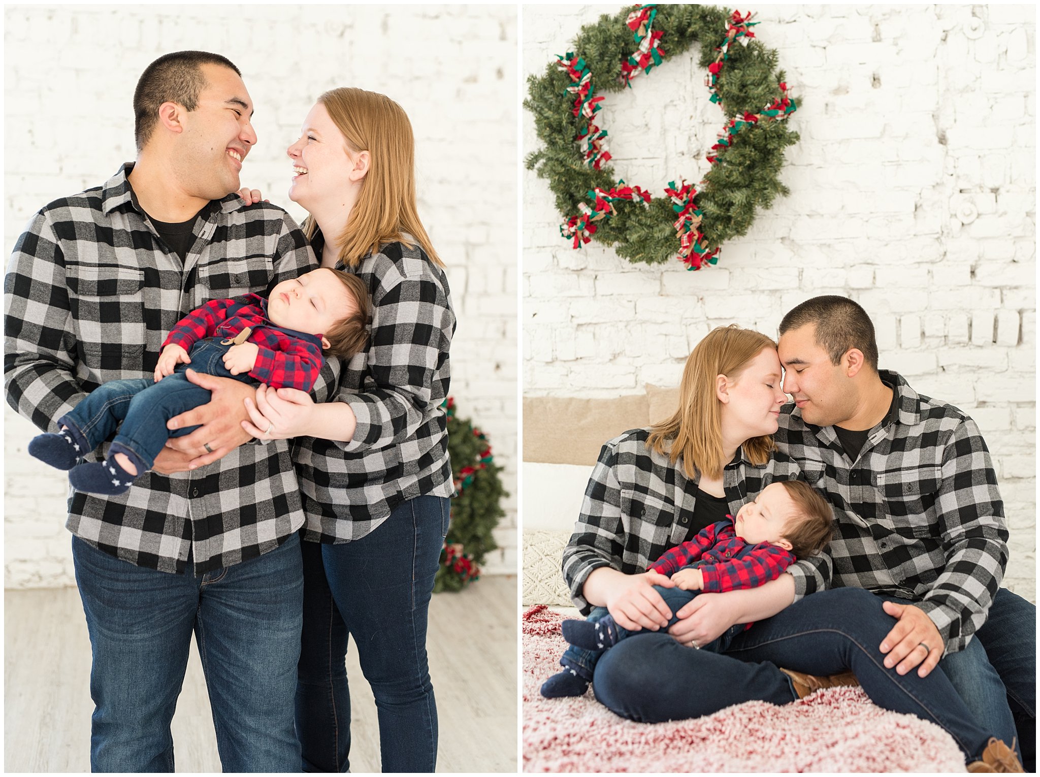 Parents laugh and snuggle sleeping baby boy | Family Christmas session at the 5th floor | Utah Photographers | Jessie and Dallin Photography