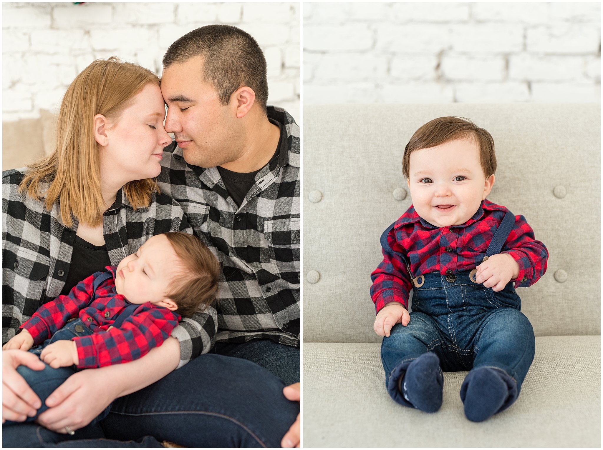Parents snuggle sleeping baby boy and baby boy laughing | Family Christmas session at the 5th floor | Utah Photographers | Jessie and Dallin Photography