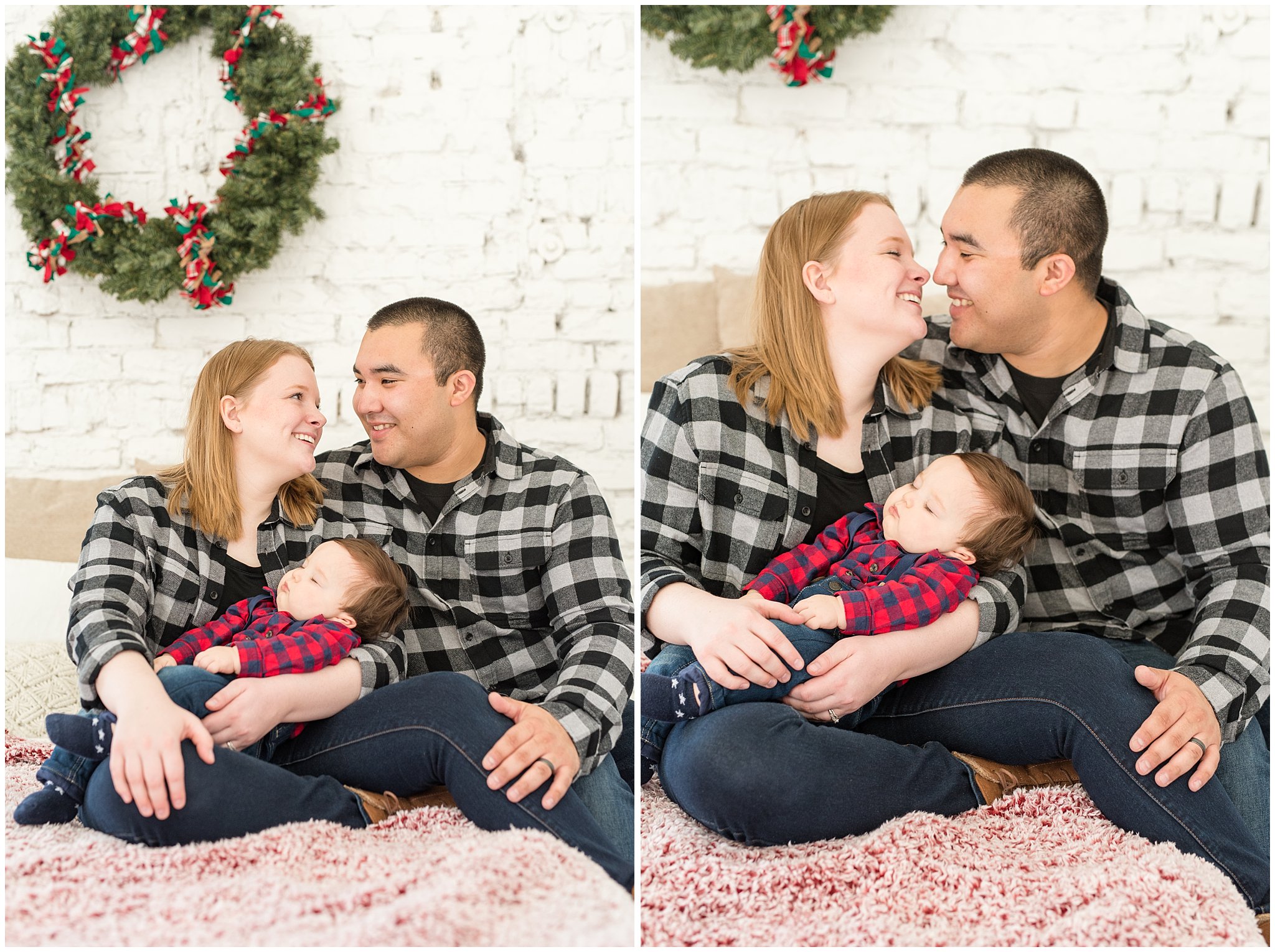 Parents laughing as they go to kiss while holding baby boy on the bed | Family Christmas session at the 5th floor | Utah Photographers | Jessie and Dallin Photography