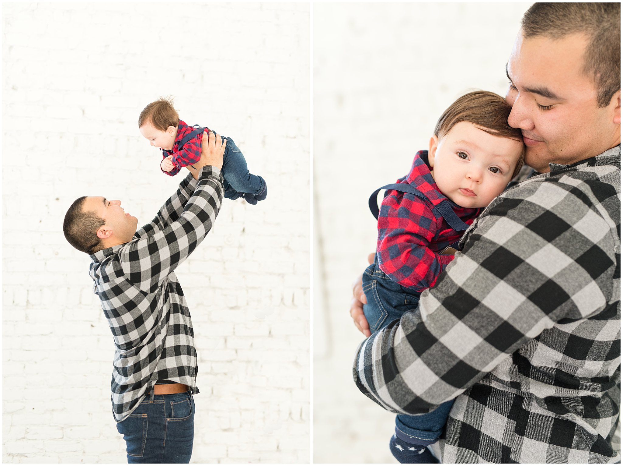 Dad lifting baby boy up in the air | Family Christmas session at the 5th floor | Utah Photographers | Jessie and Dallin Photography