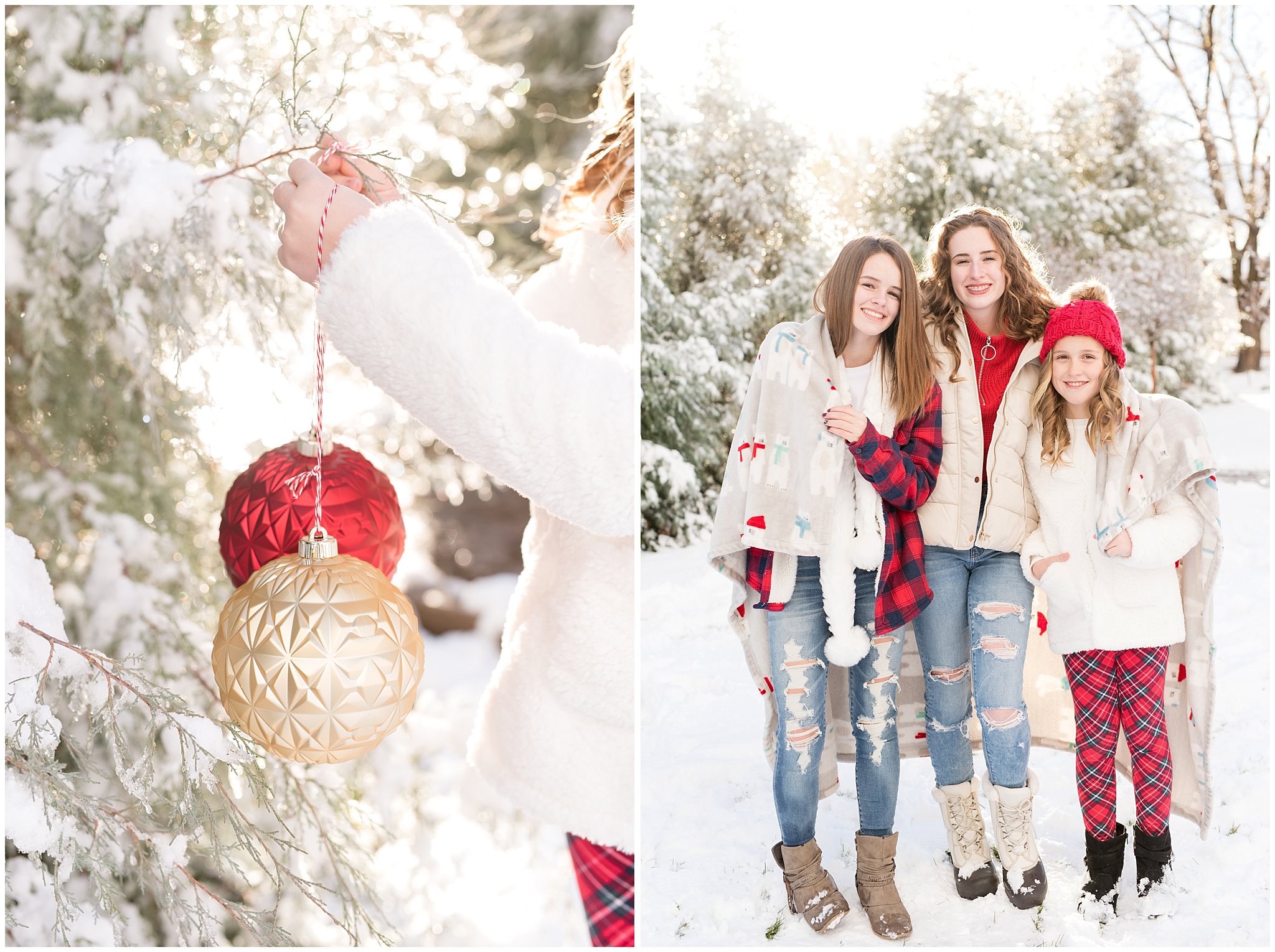 Family putting ornaments on trees in the snow | Utah Family Christmas Photoshoot | Oak Hills Reception and Event | Jessie and Dallin Photography