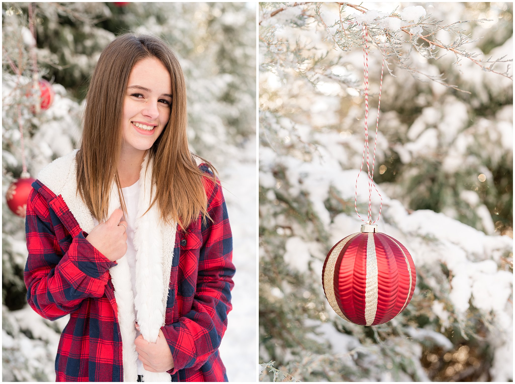 Teenage girl in front of Christmas trees and Christmas ornament on tree | Utah Family Christmas Photoshoot | Oak Hills Reception and Event | Jessie and Dallin Photography