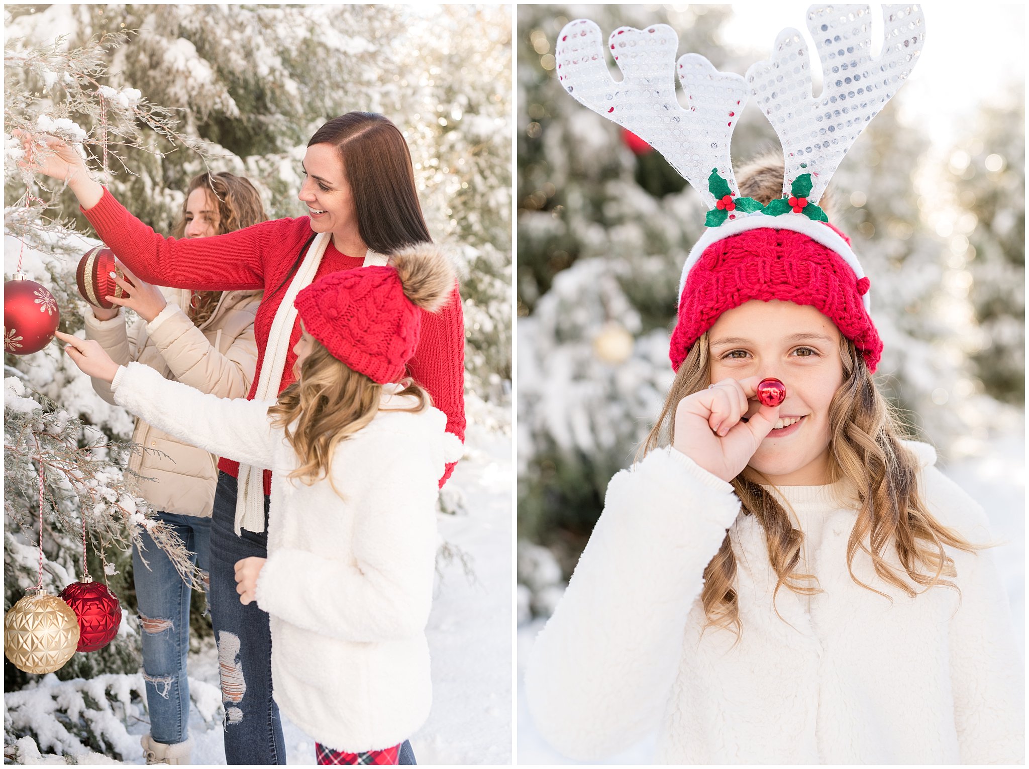 Family hanging up Christmas ornaments and rudolph noses | Utah Family Christmas Photoshoot | Oak Hills Reception and Event | Jessie and Dallin Photography