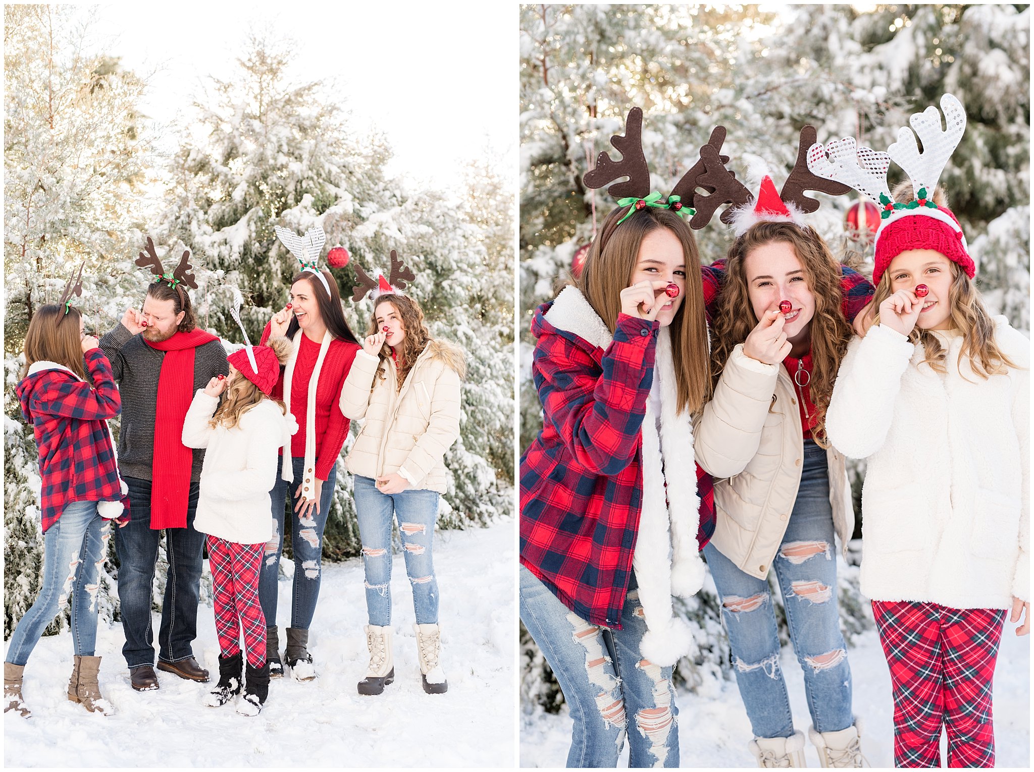 Family and girls laughing wearing rudolph noses and reindeer antlers | Utah Family Christmas Photoshoot | Oak Hills Reception and Event | Jessie and Dallin Photography