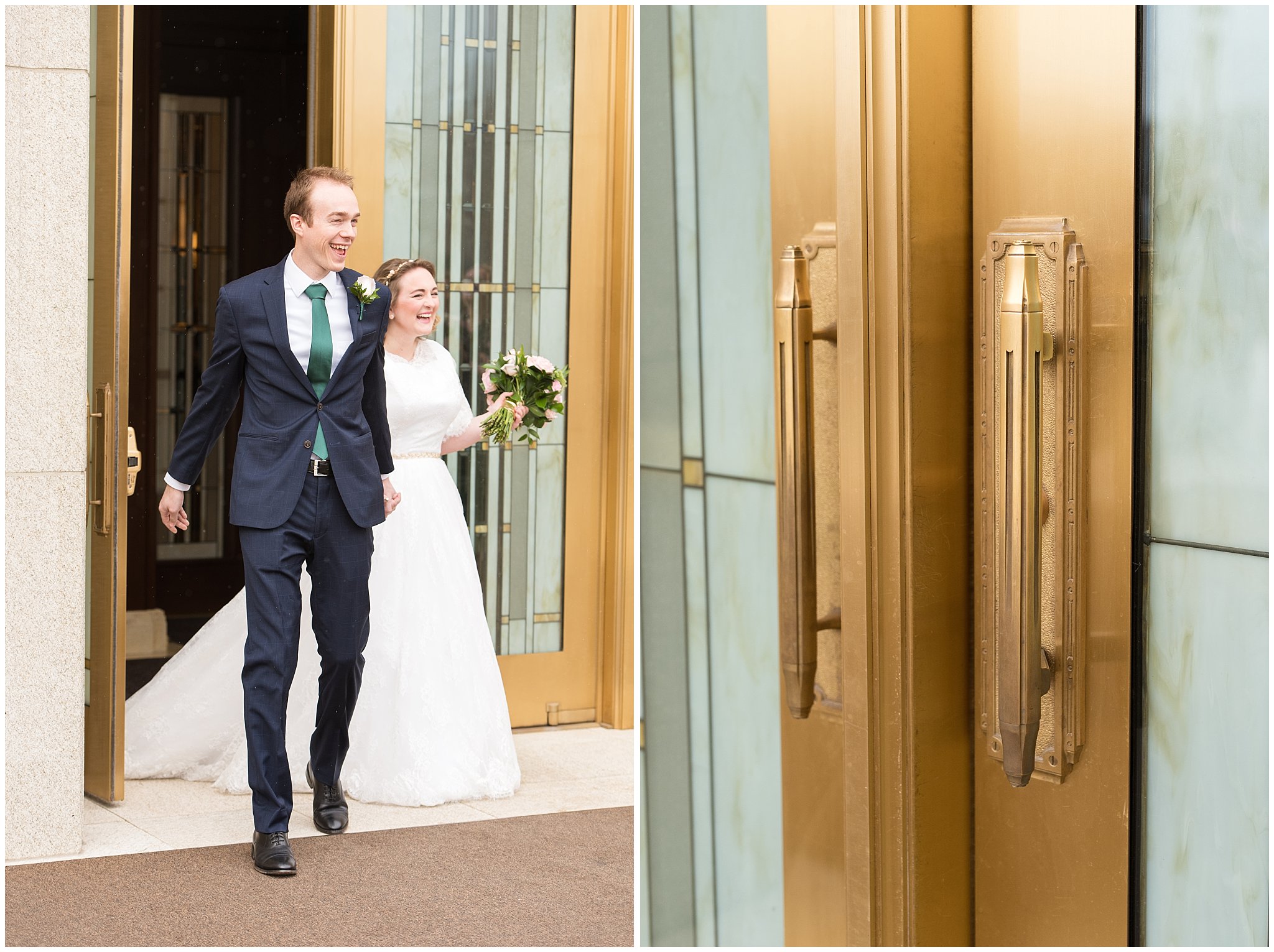 Couple exits the temple | Ogden Temple Winter Wedding | Emerald Green and Pink Wedding | Jessie and Dallin Photography