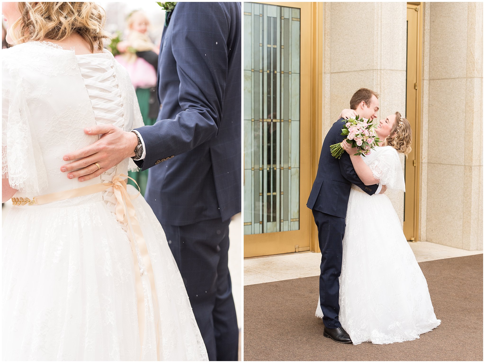 Couple kisses as they exit the temple | Ogden Temple Winter Wedding | Emerald Green and Pink Wedding | Jessie and Dallin Photography