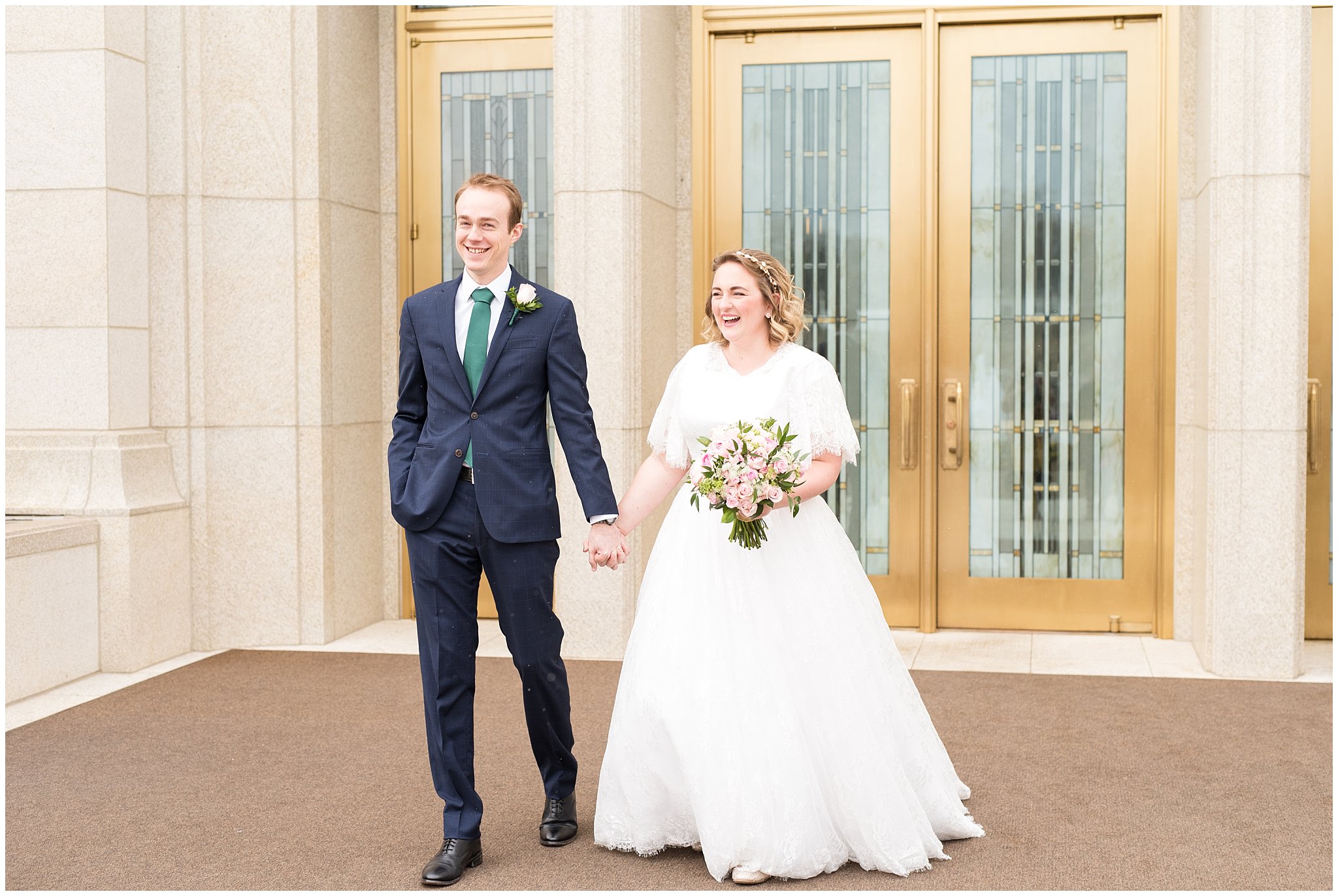 Couple smiles and laughs as they exit the temple | Ogden Temple Winter Wedding | Emerald Green and Pink Wedding | Jessie and Dallin Photography