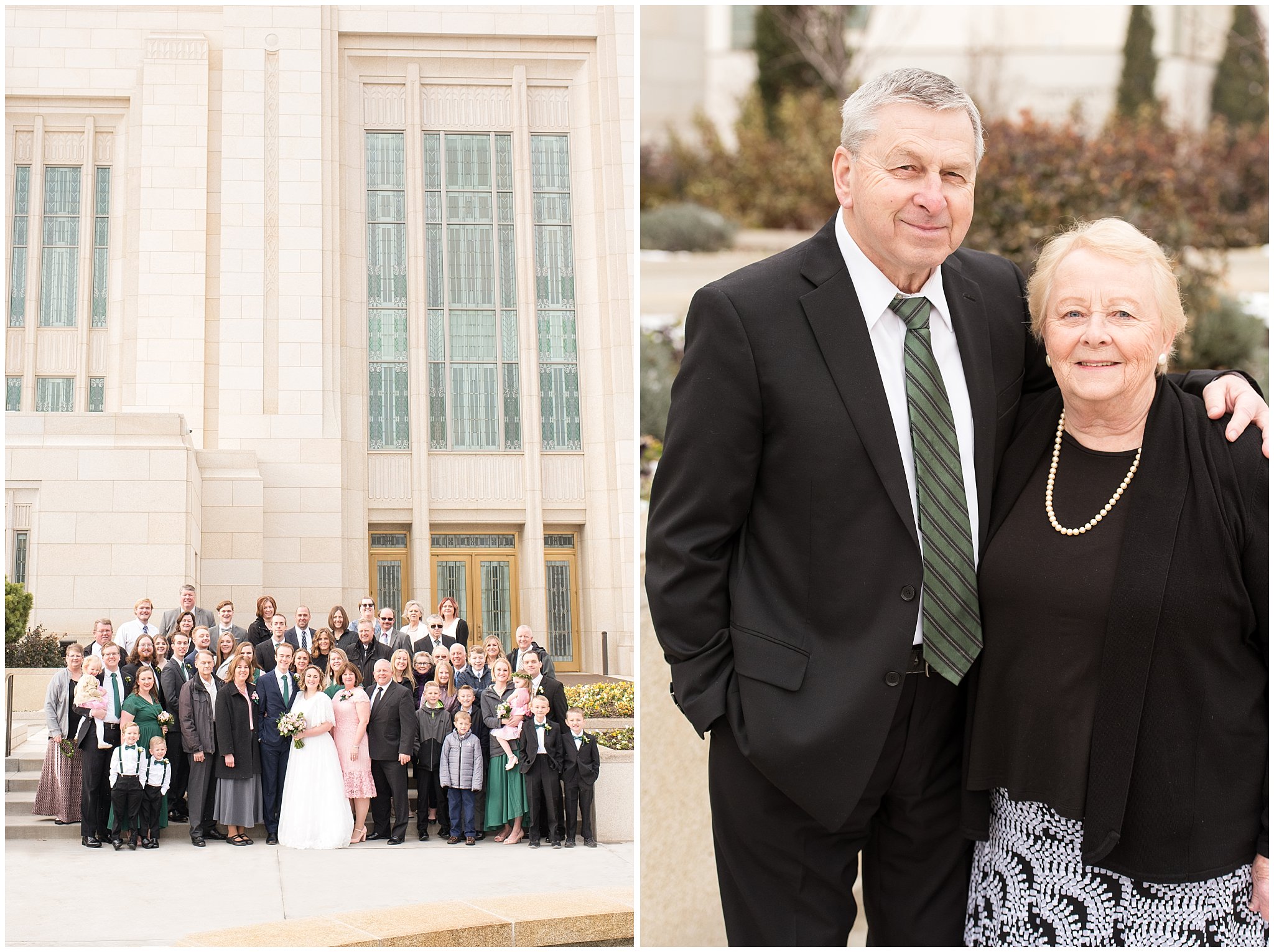 Group shot and grandparents at the temple | Ogden Temple Winter Wedding | Emerald Green and Pink Wedding | Jessie and Dallin Photography
