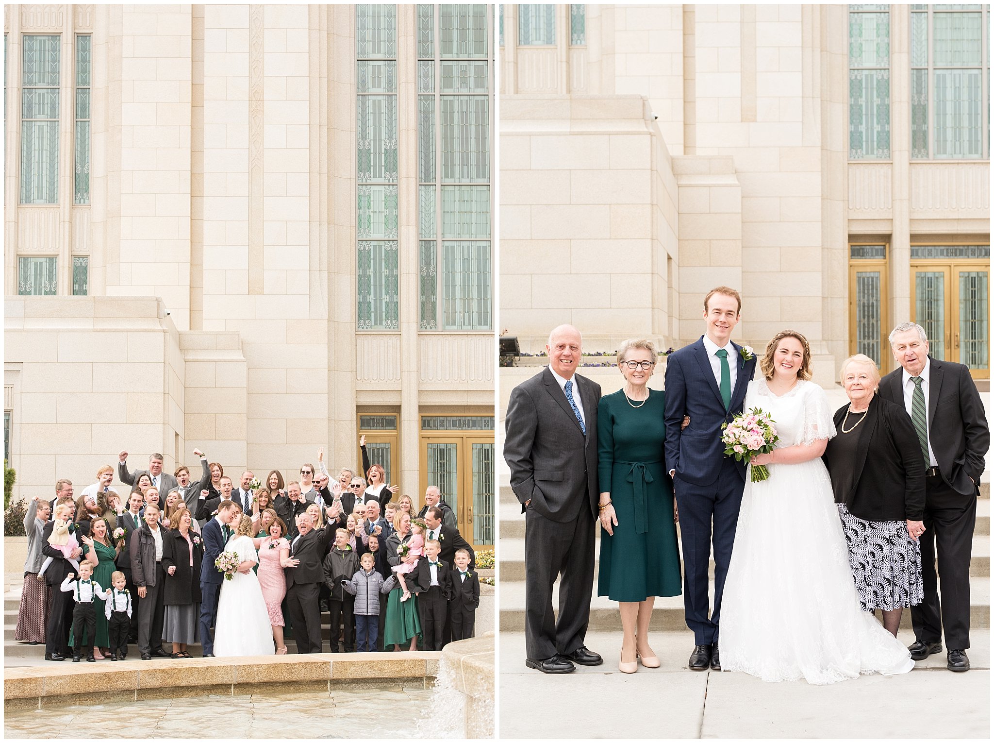 Group cheering and grandparents at the temple | Ogden Temple Winter Wedding | Emerald Green and Pink Wedding | Jessie and Dallin Photography