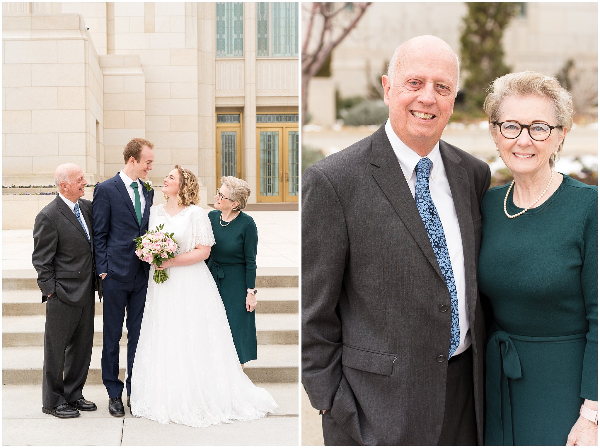 Candid bride and groom with grandparents | Ogden Temple Winter Wedding | Emerald Green and Pink Wedding | Jessie and Dallin Photography