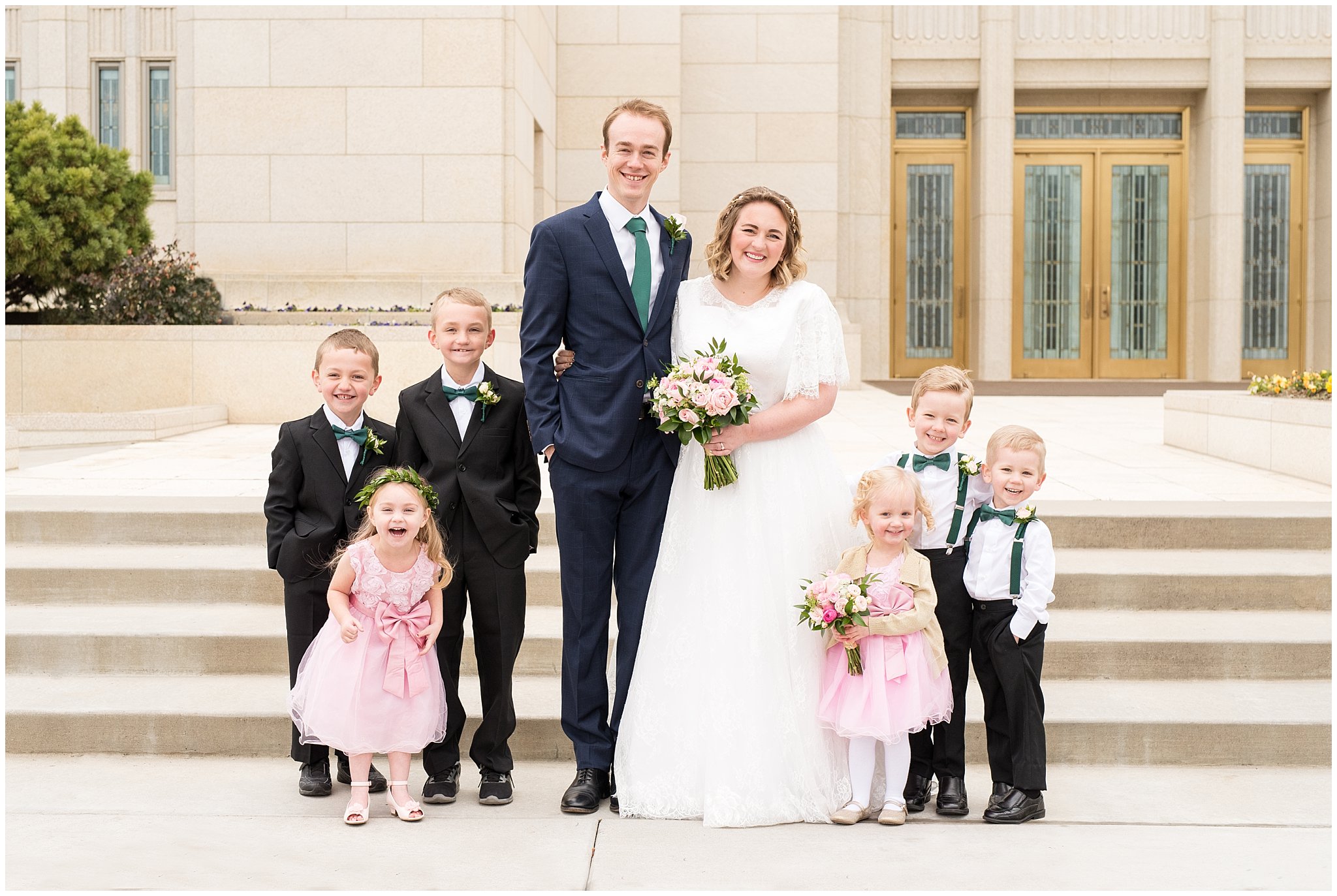 Bride and groom with little kids | Ogden Temple Winter Wedding | Emerald Green and Pink Wedding | Jessie and Dallin Photography